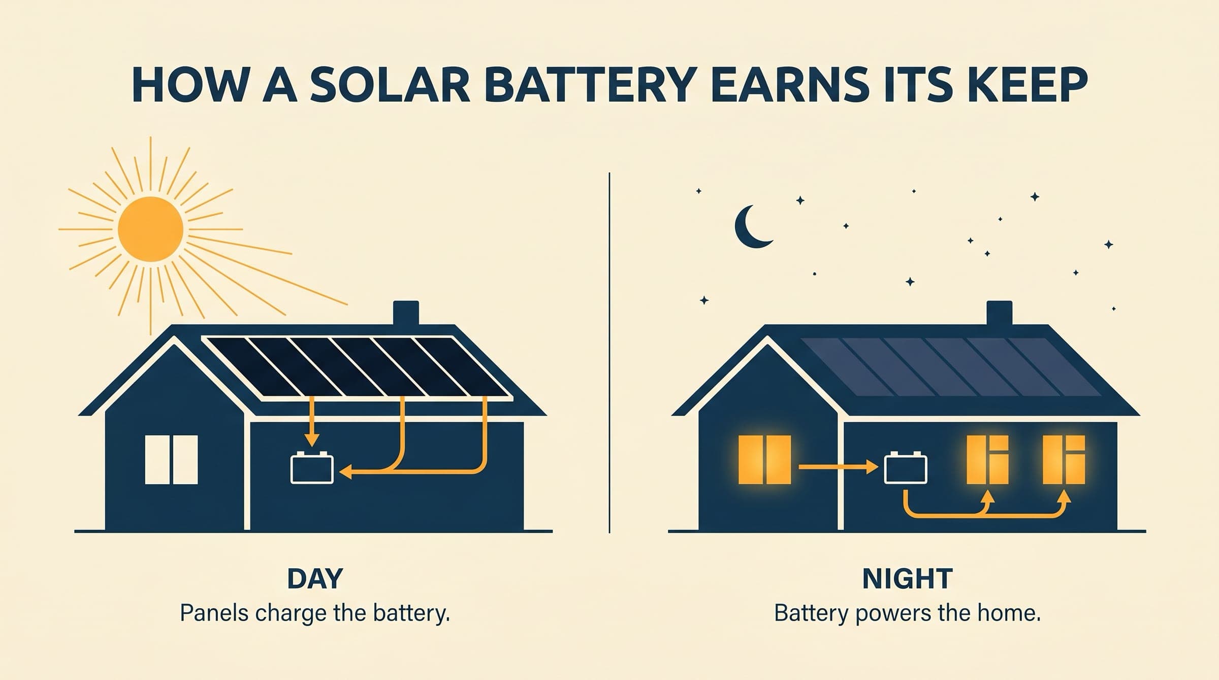 Editorial illustration of a house in two states. During the day, solar panels charge the battery. At night, the battery powers the home.