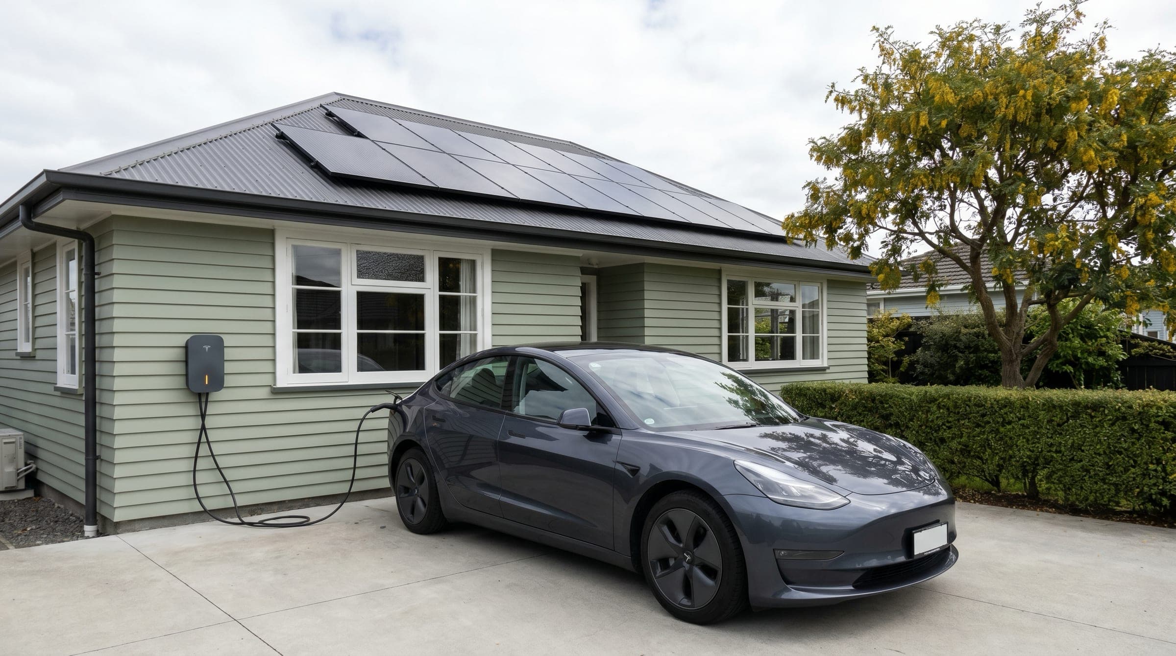 Documentary photo of a kiwi suburban driveway in mid-morning, charcoal EV plugged into a wall-mounted home charger on a pale-green weatherboard home with all-black solar panels on the charcoal corrugated roof above