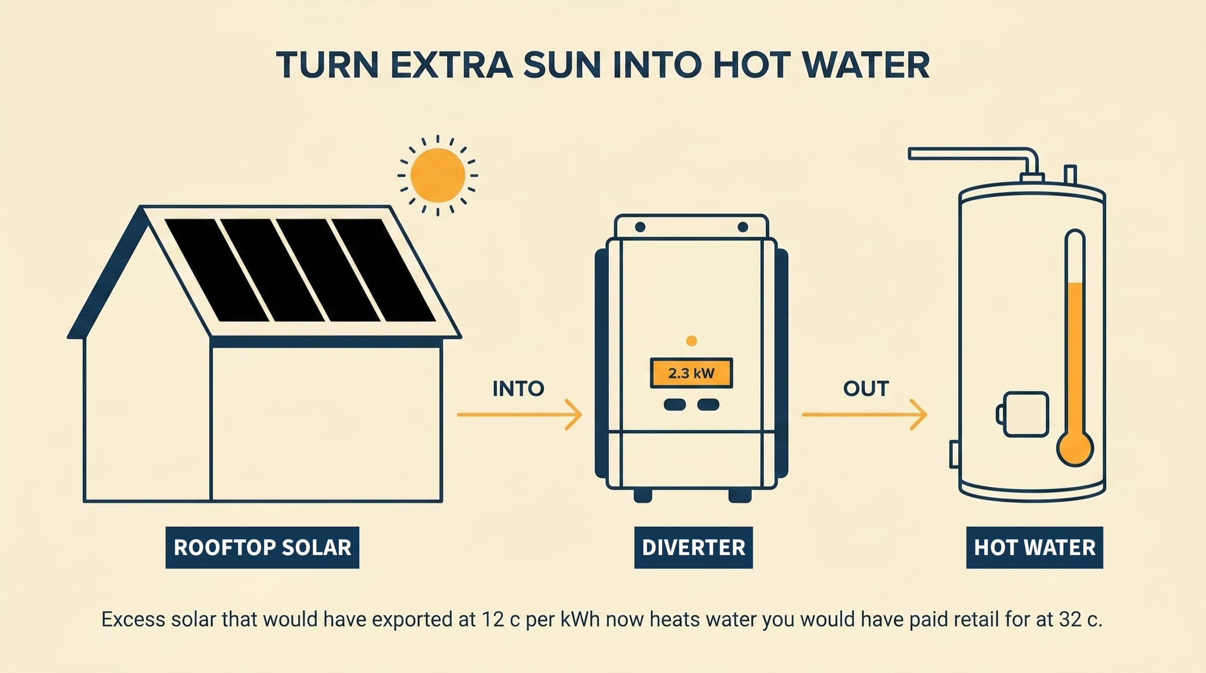 Editorial flow showing how a solar diverter works: house with rooftop solar on the left, a wall-mounted diverter unit in the middle with a 2.3 kW LCD reading, and a hot water cylinder on the right with a thermometer rising filled amber