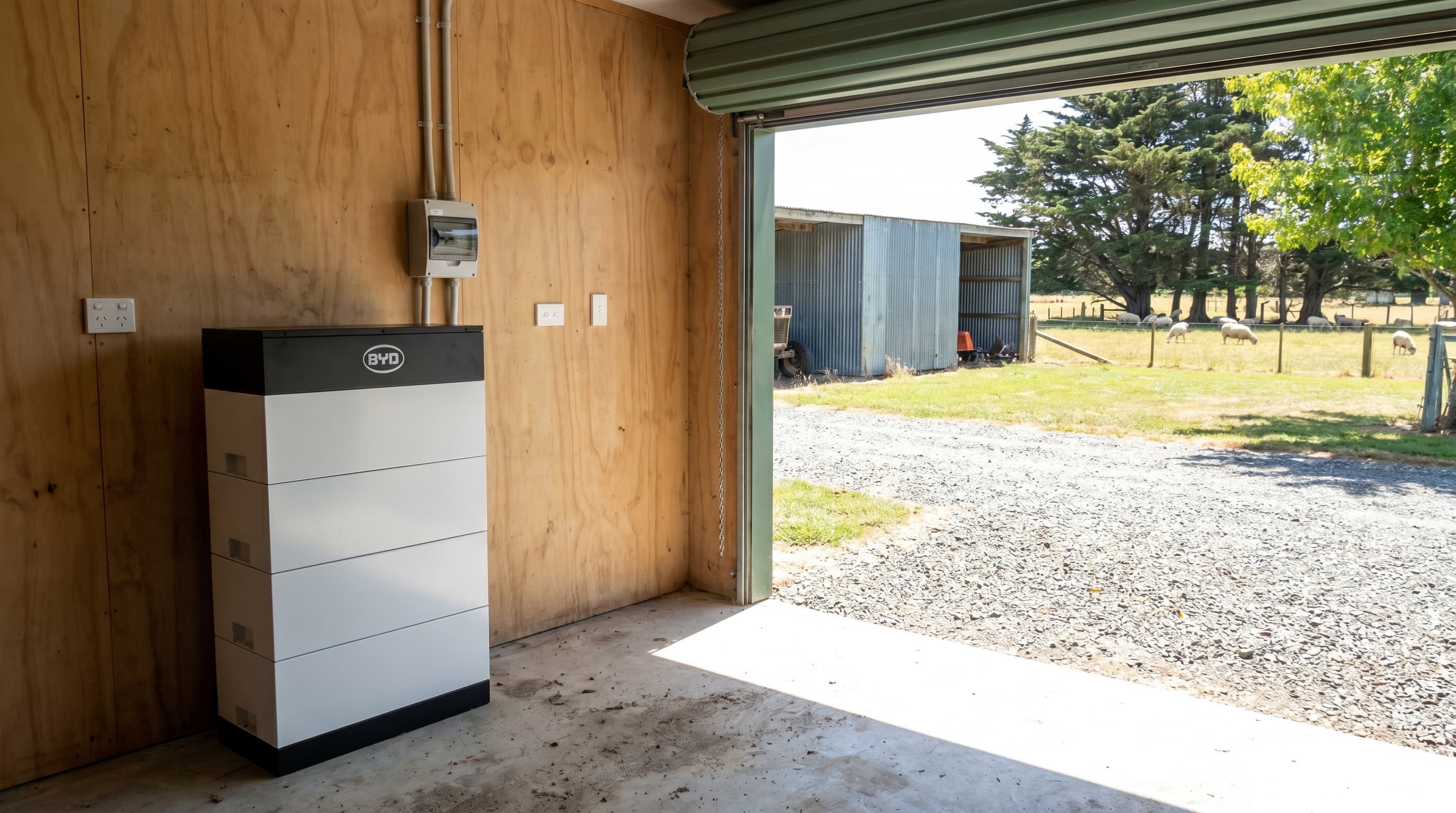 A BYD Battery-Box modular stack with four white modules and black top cap standing on the floor of a Tauranga rural lifestyle block garage with bare plywood walls, gravel driveway and a paddock with sheep visible through the open door