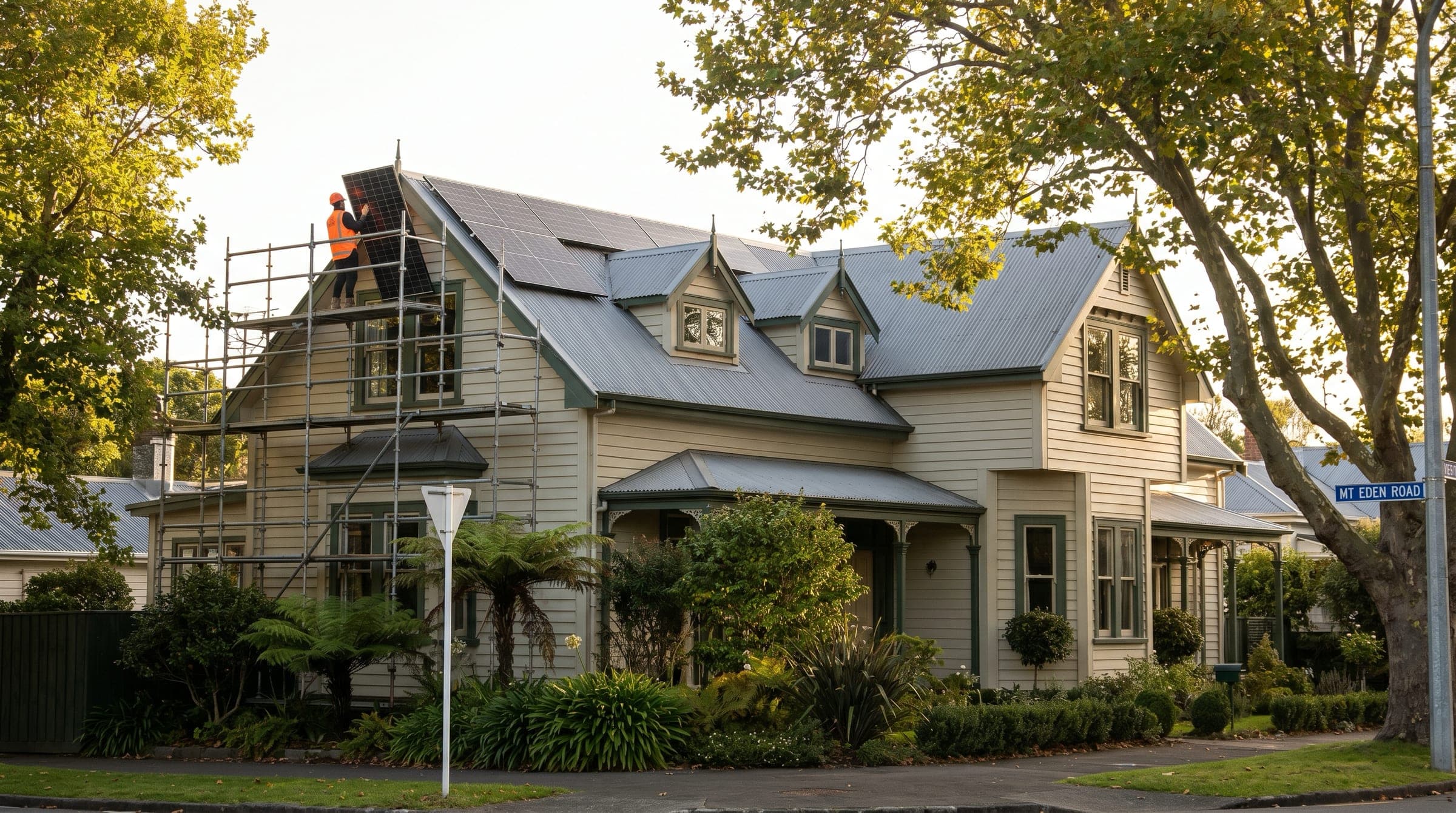 A New Zealand multi-level period villa with a complex gabled roof, scaffolding wrapped around the property, and an installer in hi-vis carrying a solar panel