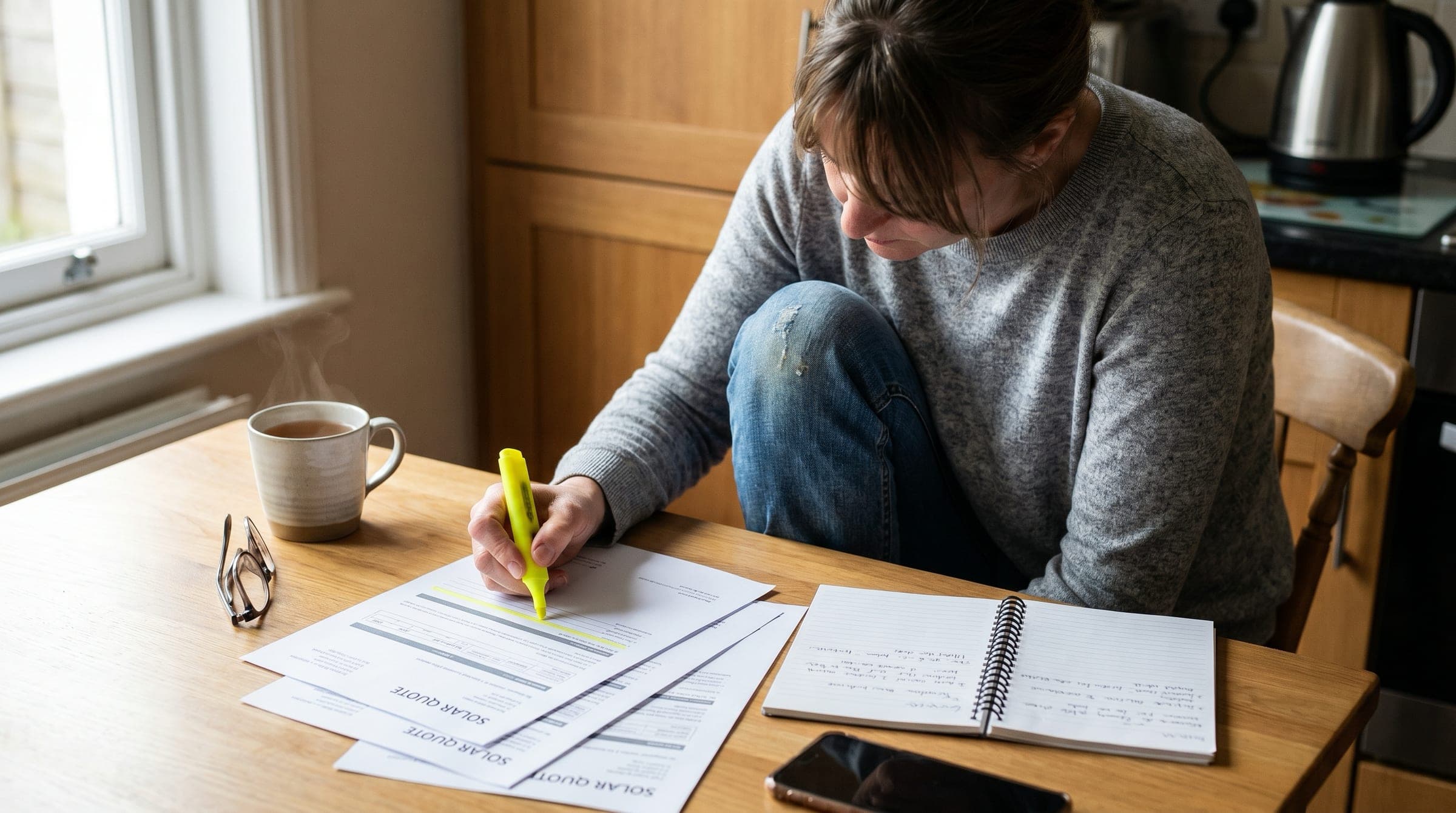 A New Zealand homeowner at a kitchen table reviewing a printed solar quote with a yellow highlighter