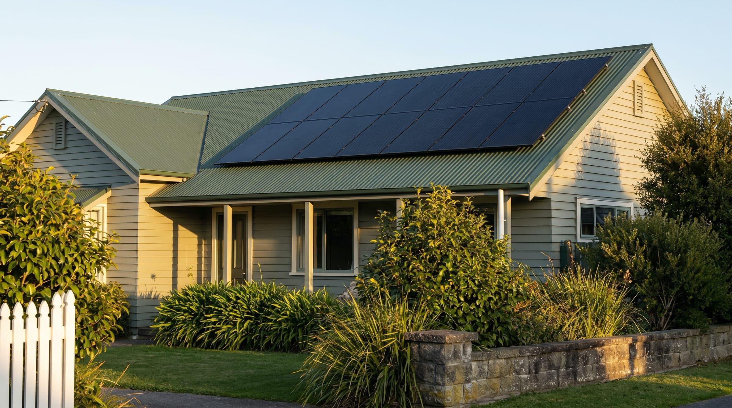 A typical 6.6 kW array of around 16 all-black monocrystalline panels installed on the pitched roof of a single-storey New Zealand suburban home