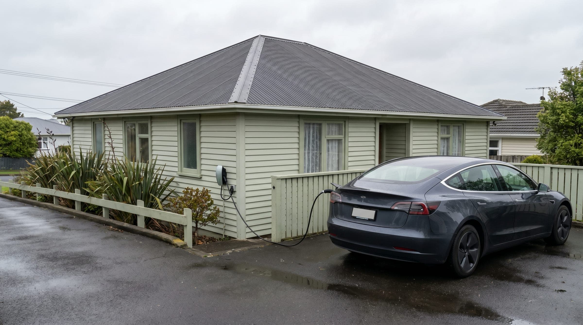 A New Zealand homeowner's driveway with an electric vehicle plugged into a wall-mounted charger on the side of a suburban home. The home has a bare metal roof with no solar panels installed yet.