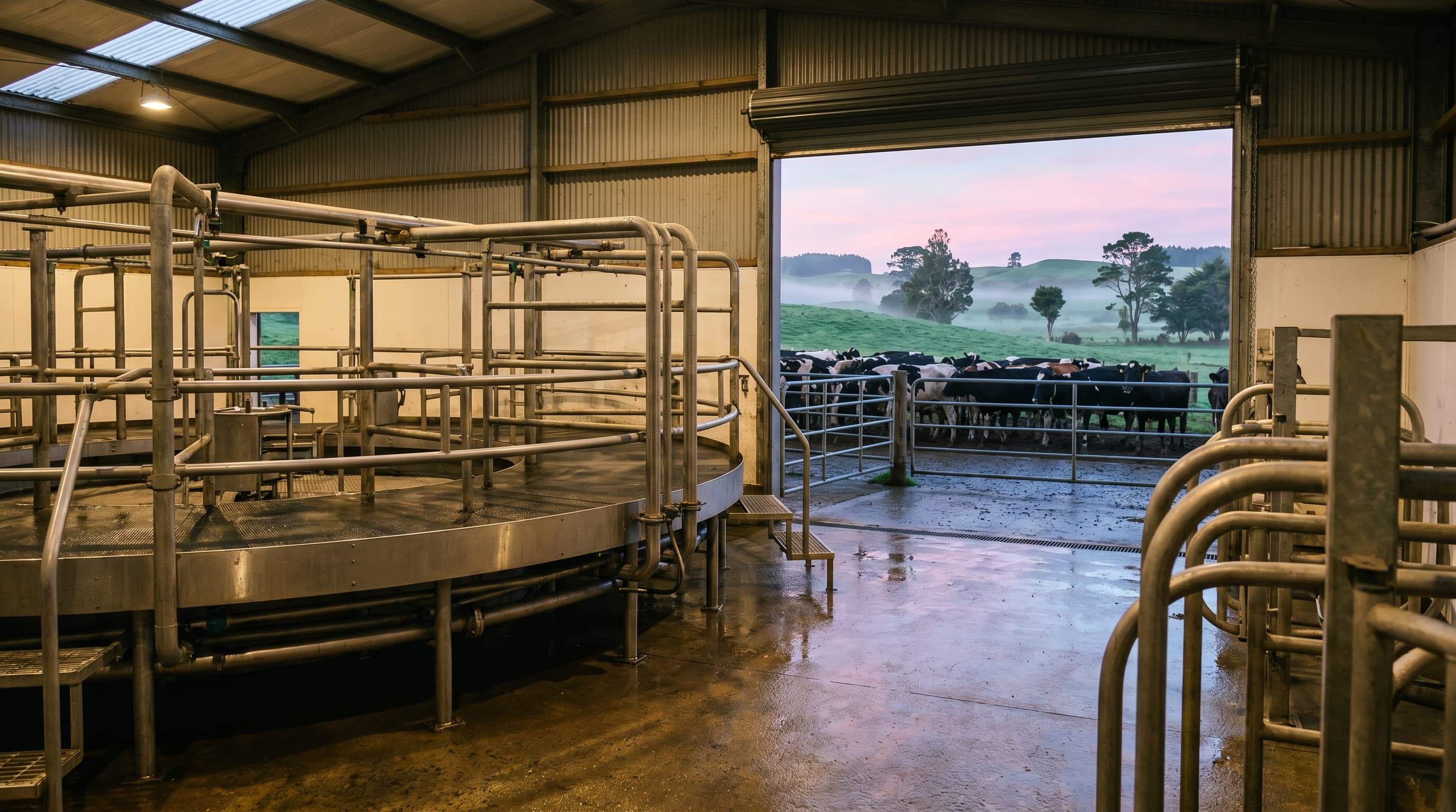 A New Zealand dairy milking shed at dawn, with the herd waiting in the holding yard