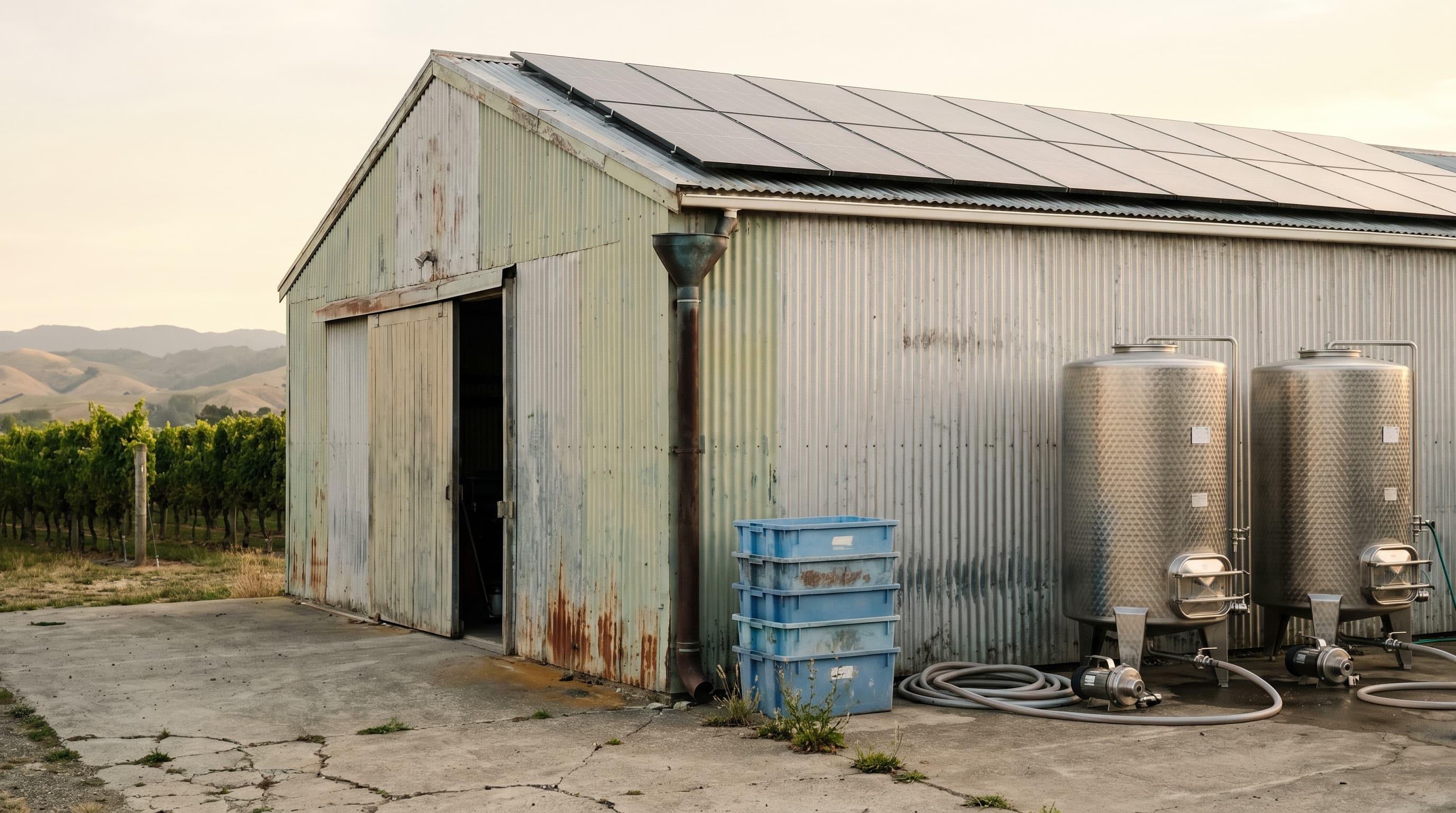 A New Zealand kiwifruit orchard with frost-protection fans and a packing-shed solar array