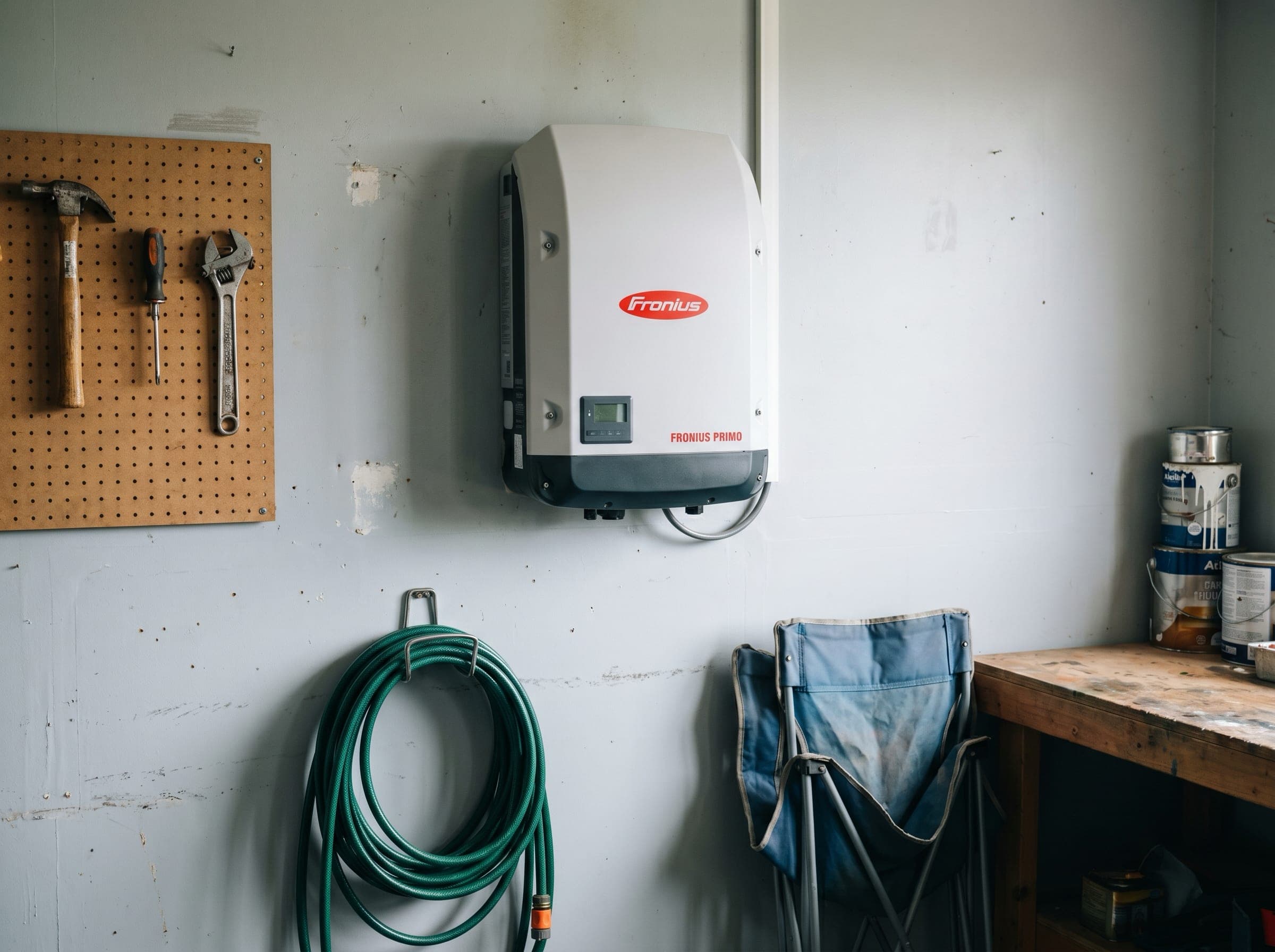 A Fronius Primo string inverter mounted on the wall of a New Zealand homeowner's garage