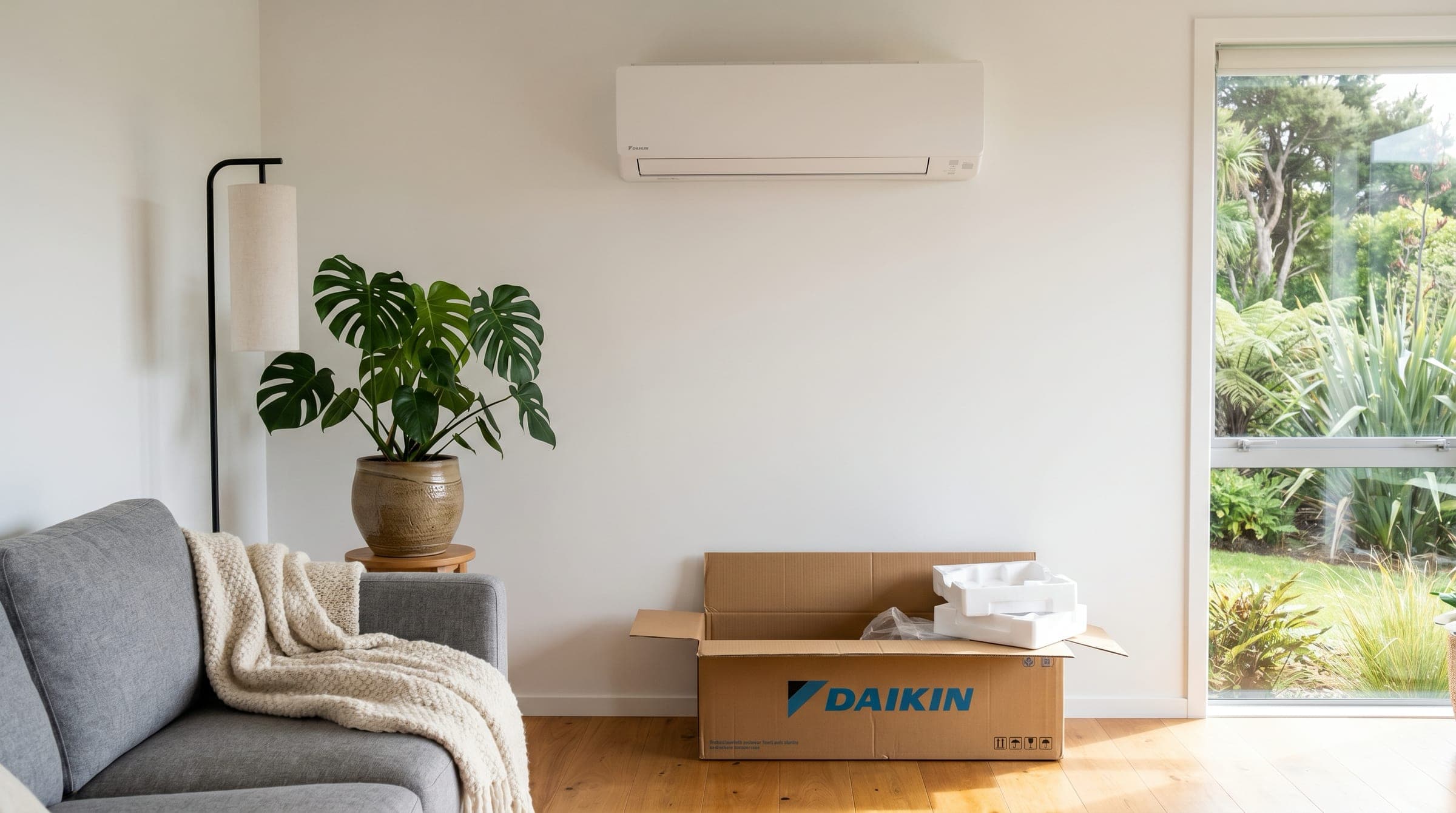 A wall-mounted Daikin heat pump in a stylish modern New Zealand living room, with the Daikin product box still on the floor beneath, just-unpacked.