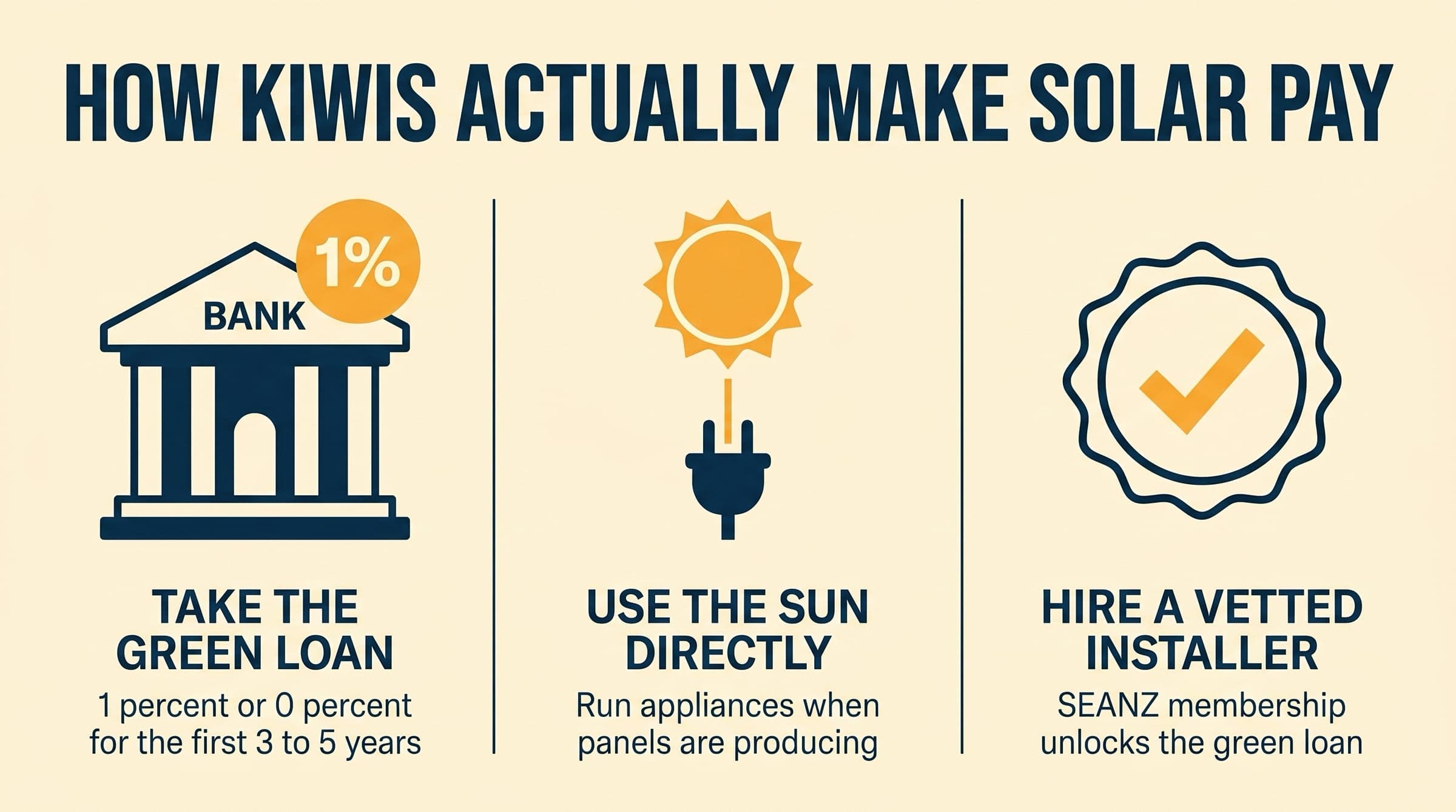 Editorial three-vignette of how kiwis actually make solar pay: take the green loan at 1 percent, use the sun directly by running appliances during the day, hire a SEANZ-vetted installer to unlock the loan