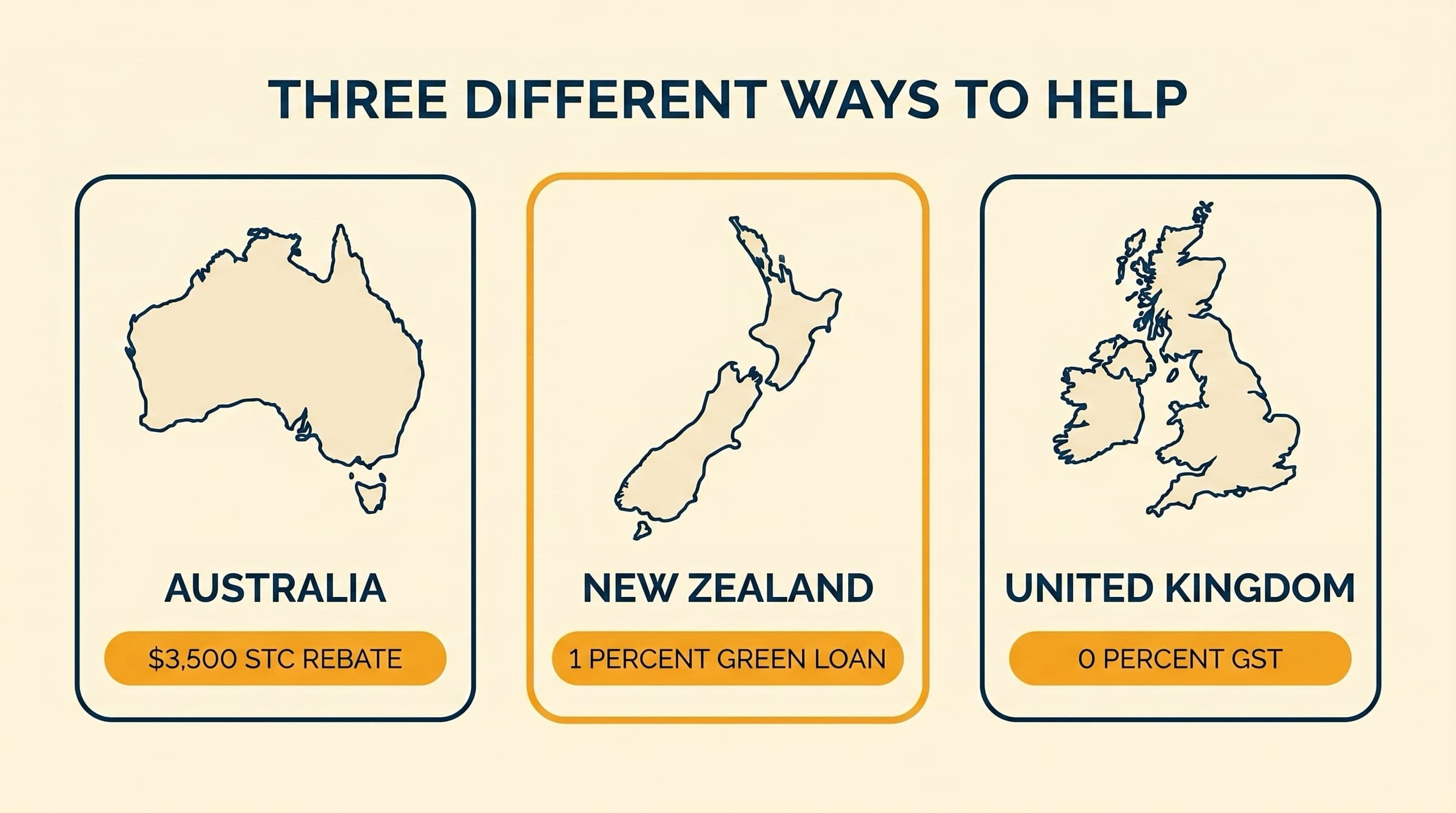 Editorial three-card comparison of solar incentives by country: Australia with $3,500 STC rebate, New Zealand highlighted with 1 percent green loan, United Kingdom with 0 percent GST