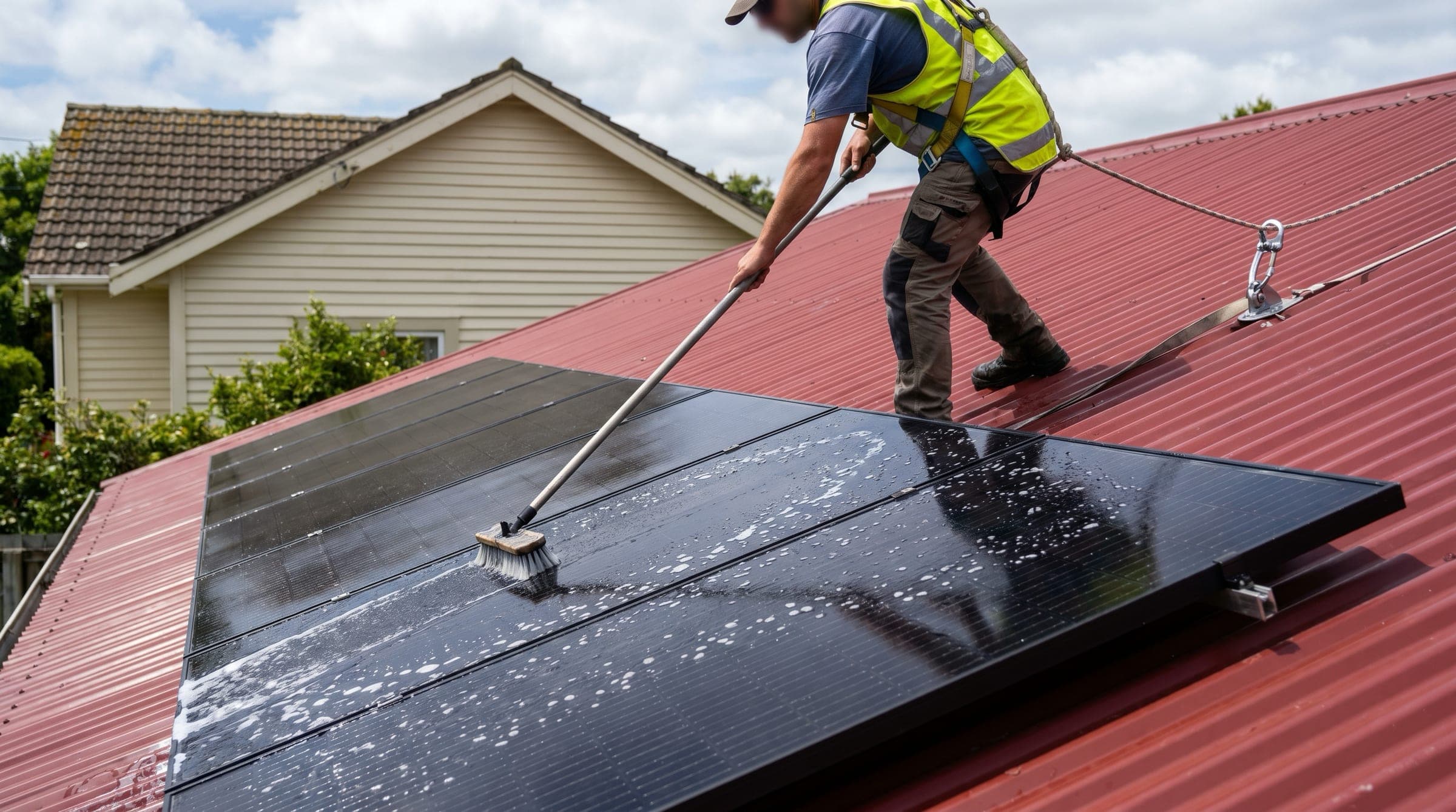 A New Zealand tradie on a residential pitched roof gently cleaning solar panels with a soft long-handled brush, harness on, suds visible on the panel surface.