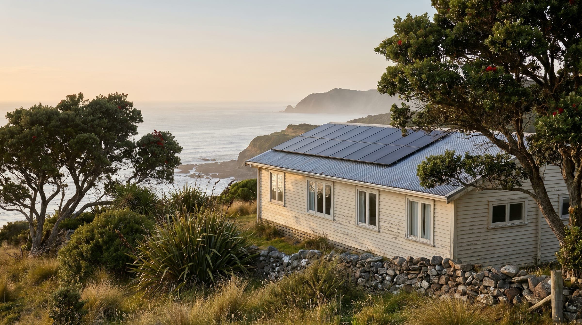 A New Zealand coastal home with all-black solar panels on its pitched roof, the sea visible on the horizon and windswept native plantings in the foreground.