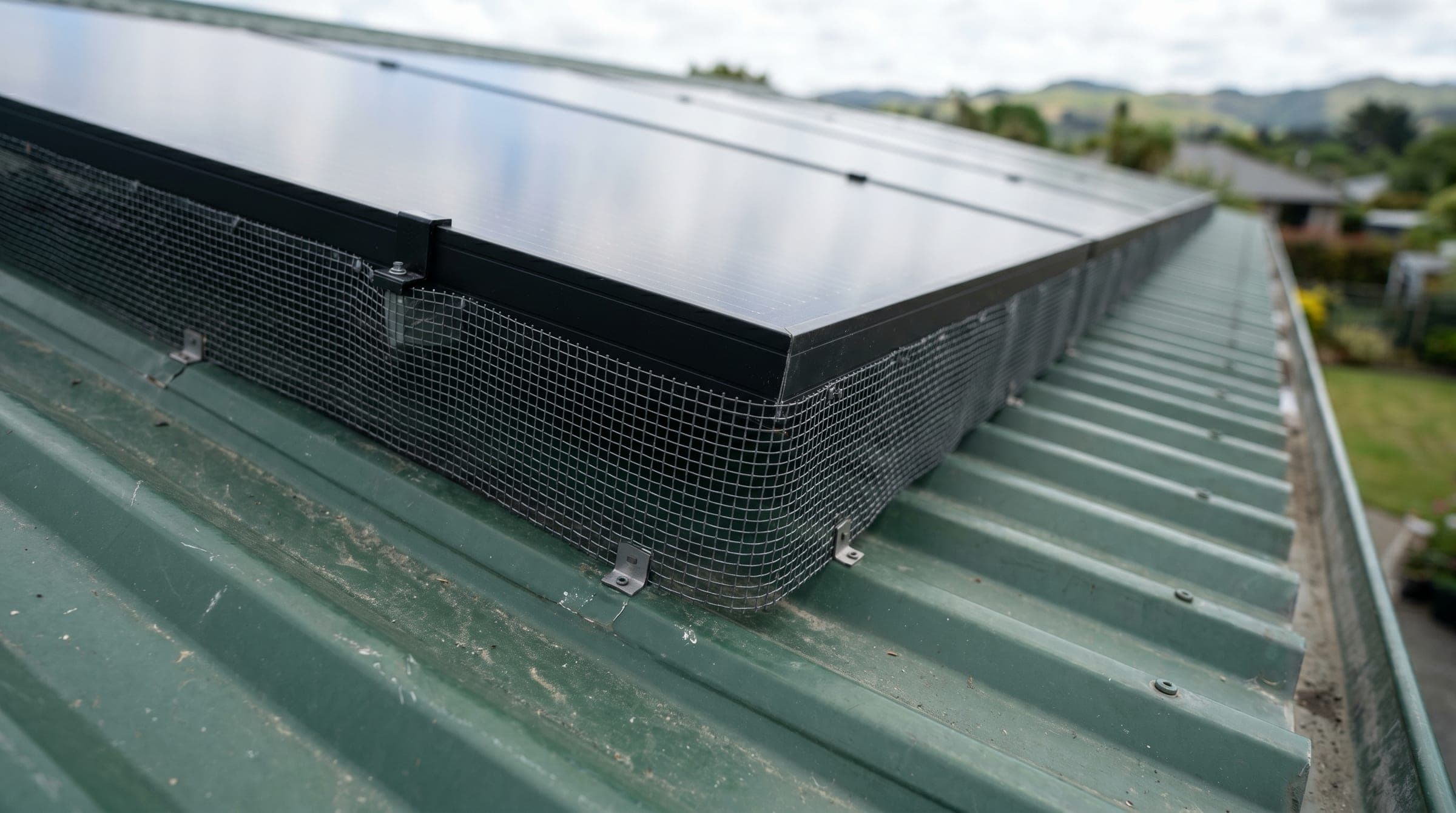 Close detail of bird-guard mesh installed around the perimeter edge of an all-black solar panel array on a New Zealand pitched roof.