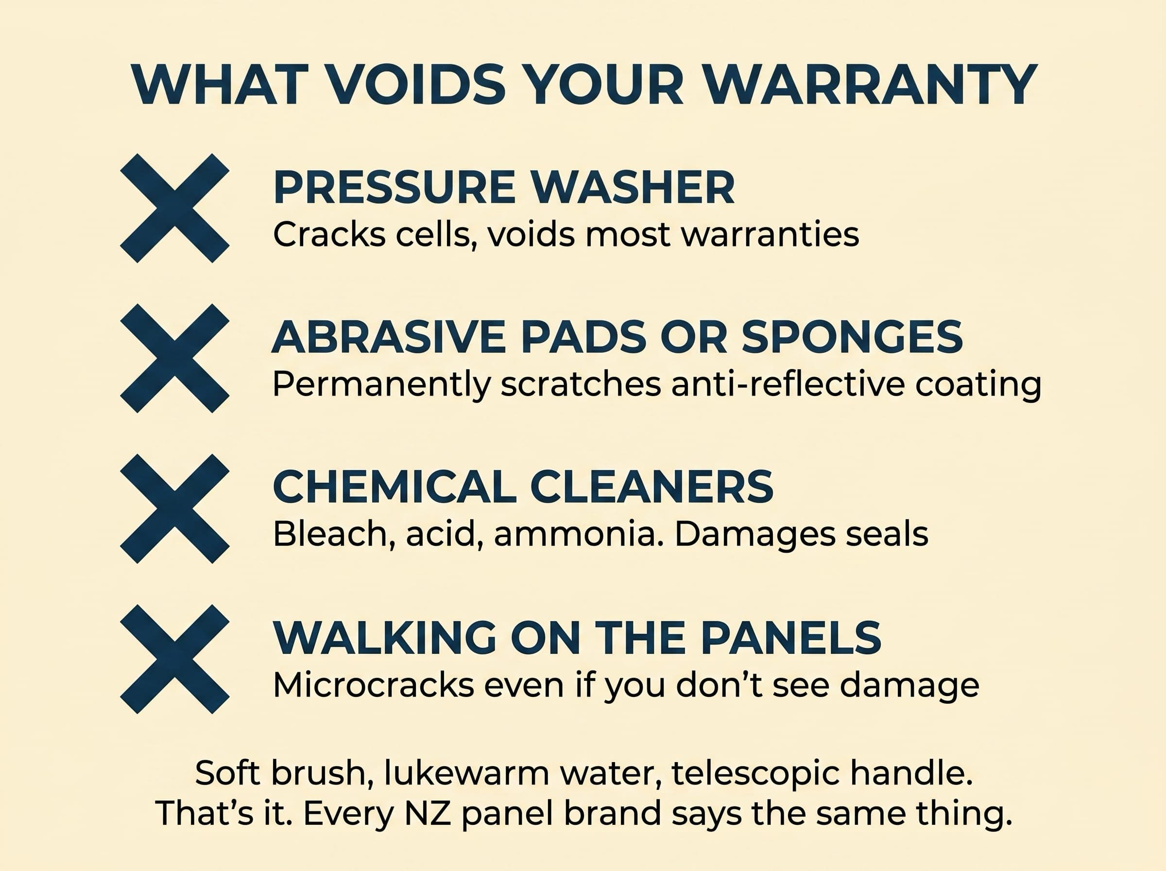 Editorial list with four X-marked rules: pressure washer, abrasive pads or sponges, chemical cleaners, walking on the panels.