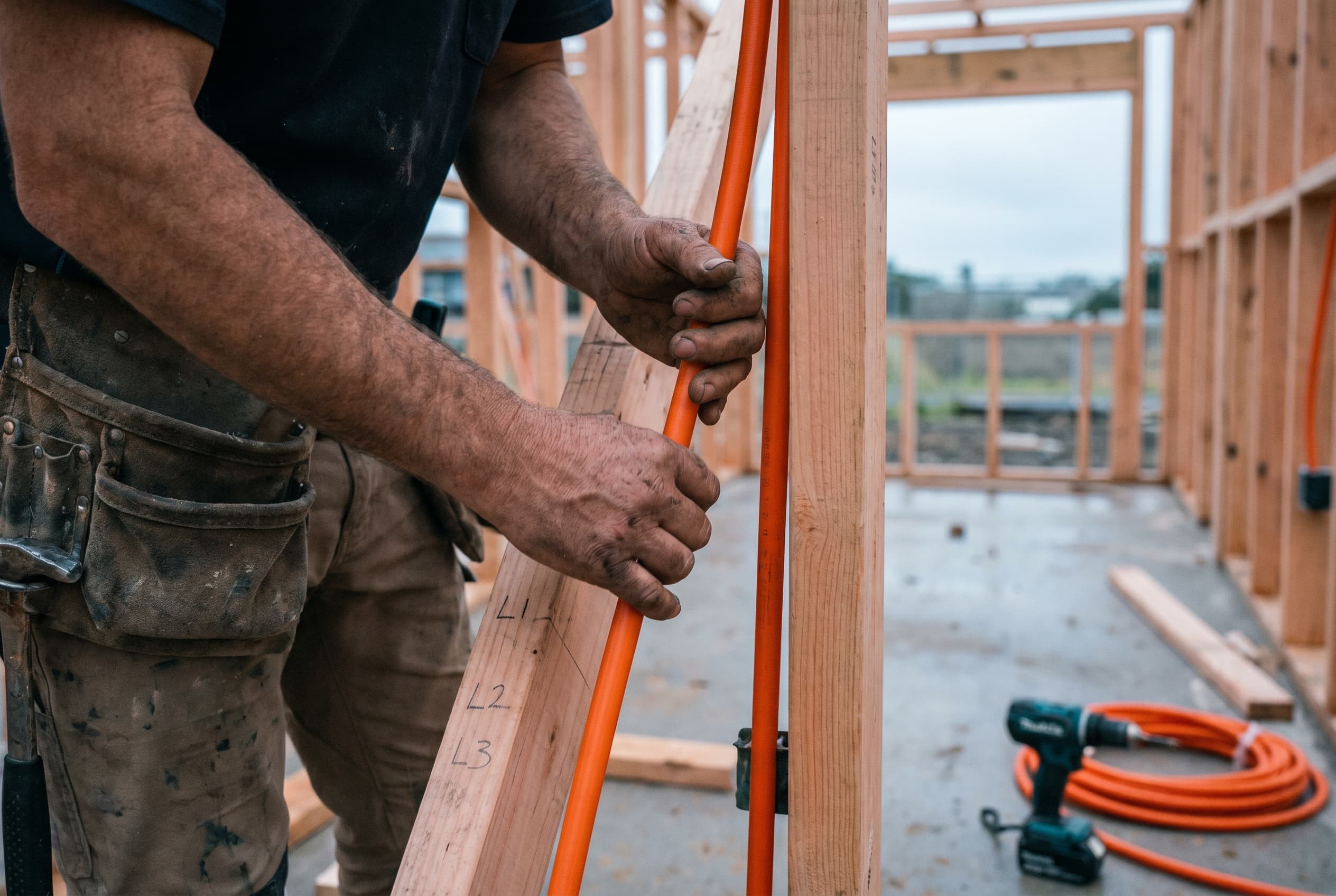 Documentary close-up of a New Zealand electrician's hands feeding bright orange 32mm conduit up the timber wall framing toward the open ceiling cavity, tool belt and pencil circuit markings visible, a frame-only new build with a Makita drill and a conduit coil on the concrete slab behind.