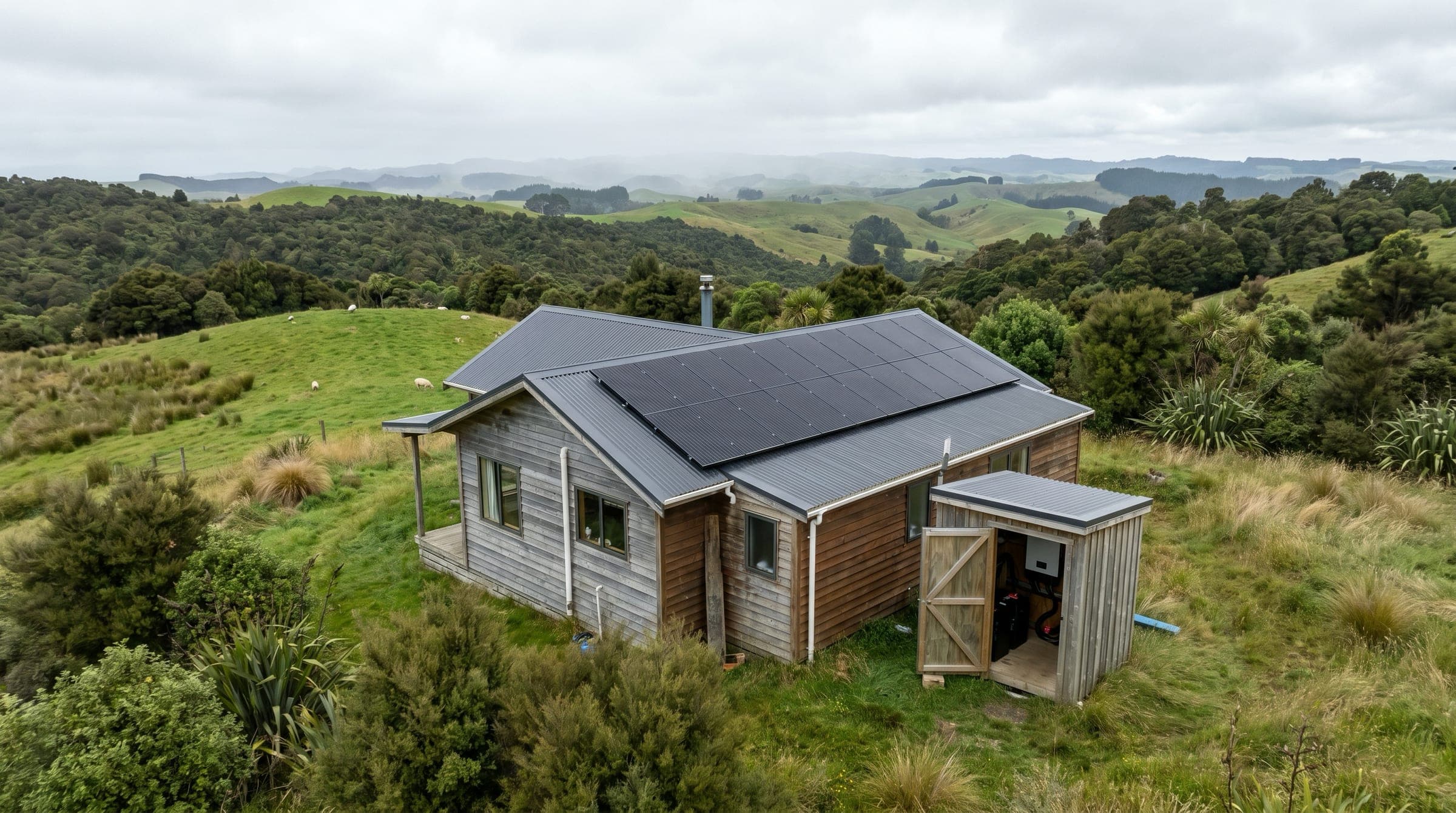 A remote rural New Zealand off-grid property: a modest single-storey home with all-black solar panels on the roof, a battery shed beside it, native bush and rolling hill country surrounding it, no power poles or grid lines anywhere in the frame.