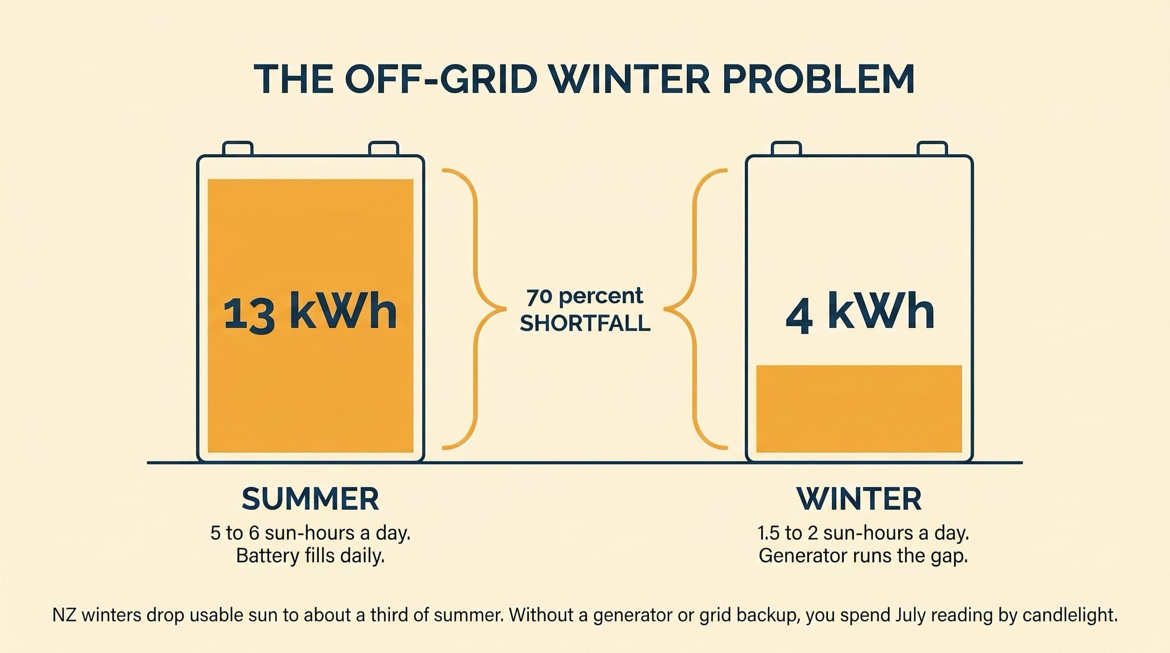 Editorial illustration of two batteries side by side. Summer battery is 95 percent full at 13 kWh, winter battery is only 30 percent full at 4 kWh, with a 70 percent shortfall marker.