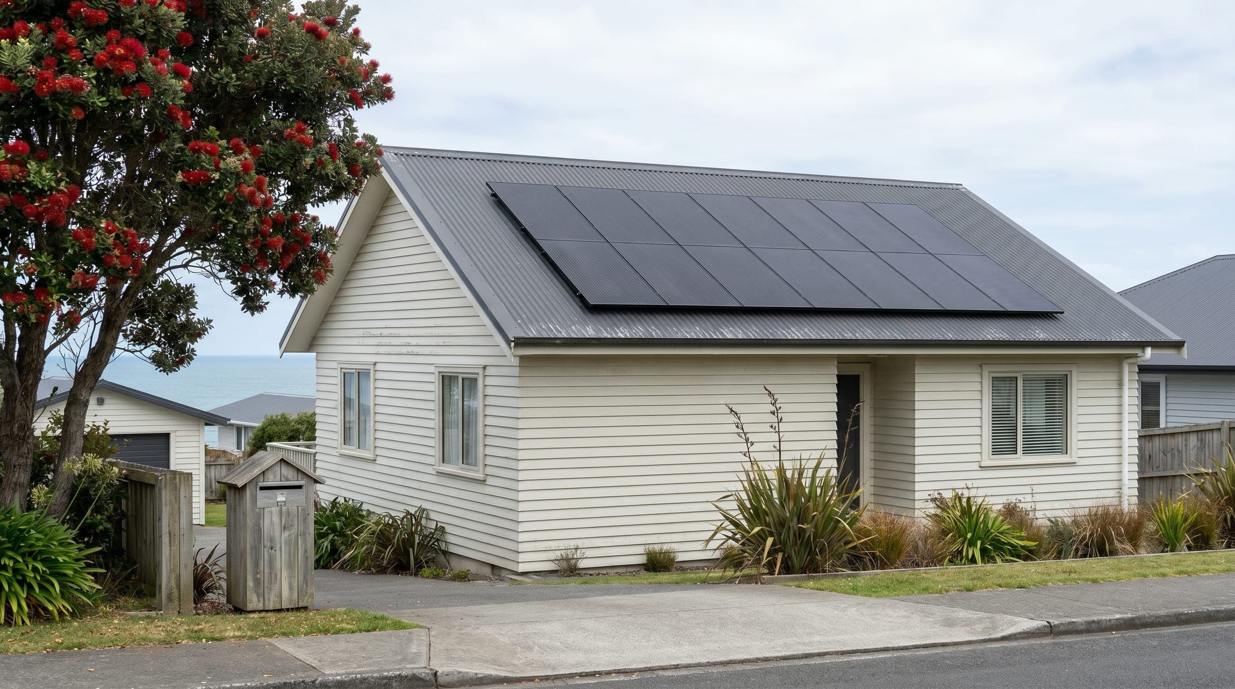 Documentary photo of a cream weatherboard NZ coastal home with all-black solar panels on a charcoal corrugated steel roof, mature pohutukawa with red flowers on the left, flax at the fence, ocean glimpse in the background