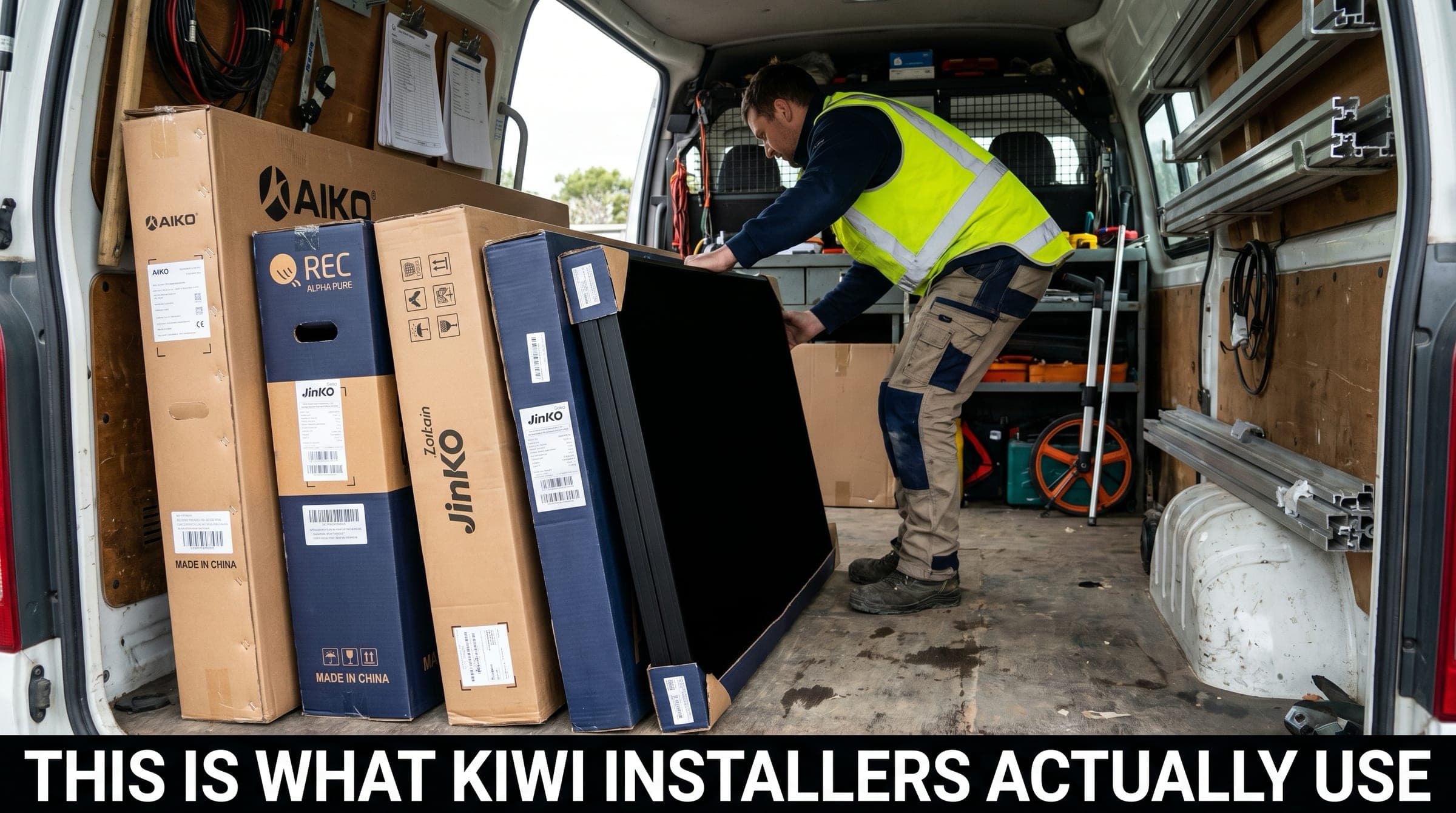 Documentary photo inside a NZ installer's tradie van with stacked branded panel cartons from Aiko, REC and Jinko, an installer in hi-vis lifting a panel from the stack