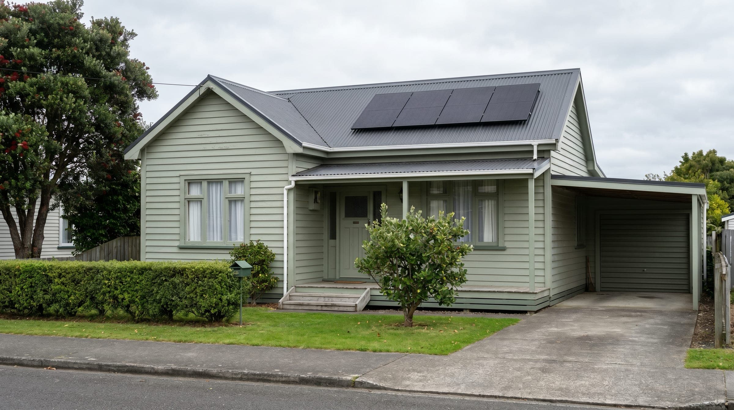 Documentary photo of a small pale-green weatherboard kiwi cottage with a small all-black solar array on the charcoal corrugated steel roof, mature pohutukawa to one side and a single carport