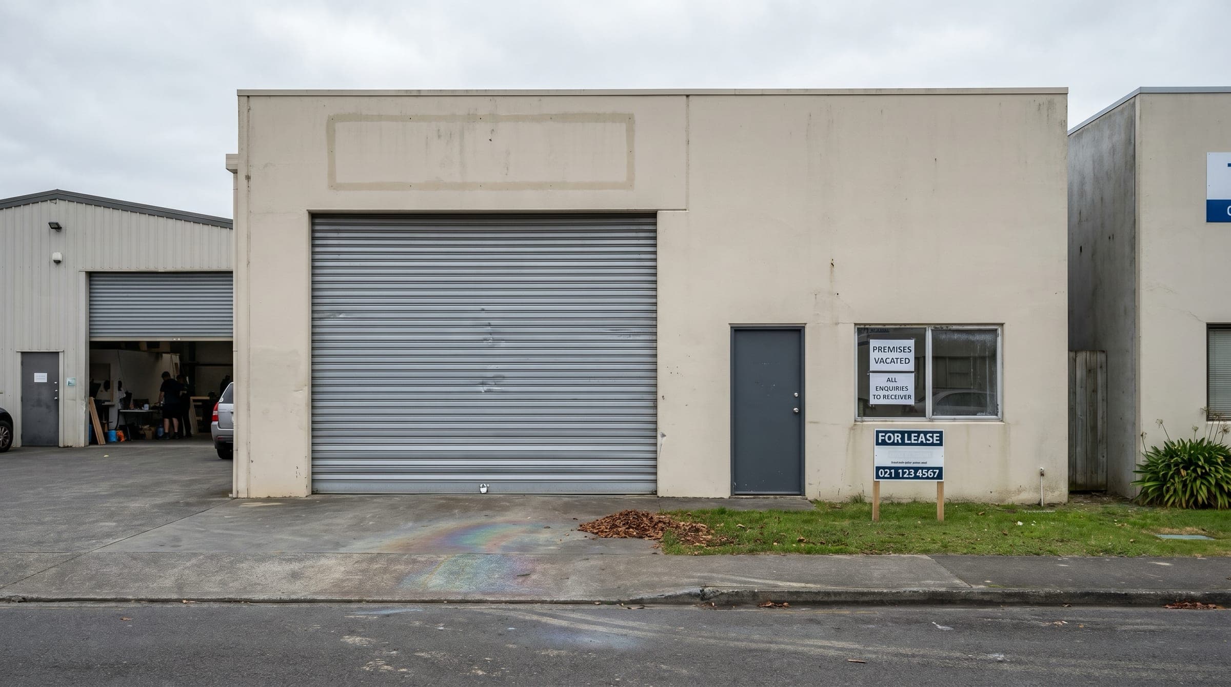 Documentary photo of a closed NZ light-industrial unit: roller door shut, faded outline above where the former solar company's signage was mounted, Premises Vacated notice taped to the office glass and a For Lease sign on a stake out the front