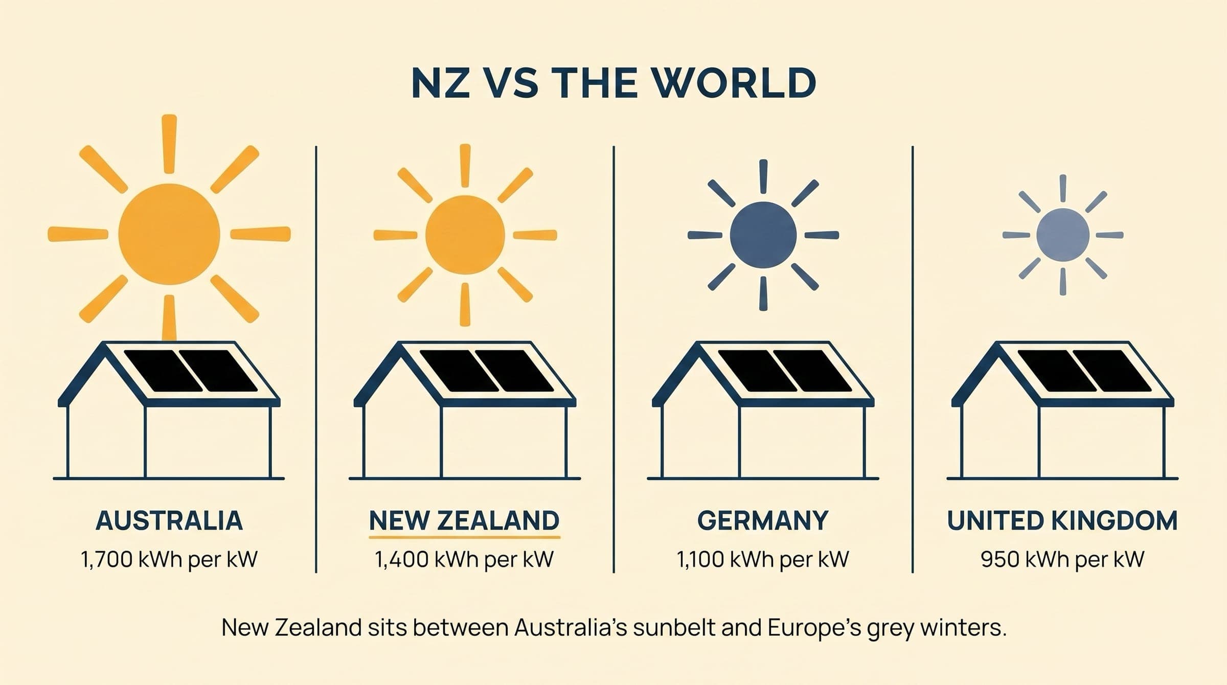 Editorial comparison of four countries with proportional sun sizes above small editorial houses: Australia 1,700 kWh per kW, New Zealand 1,400, Germany 1,100, United Kingdom 950
