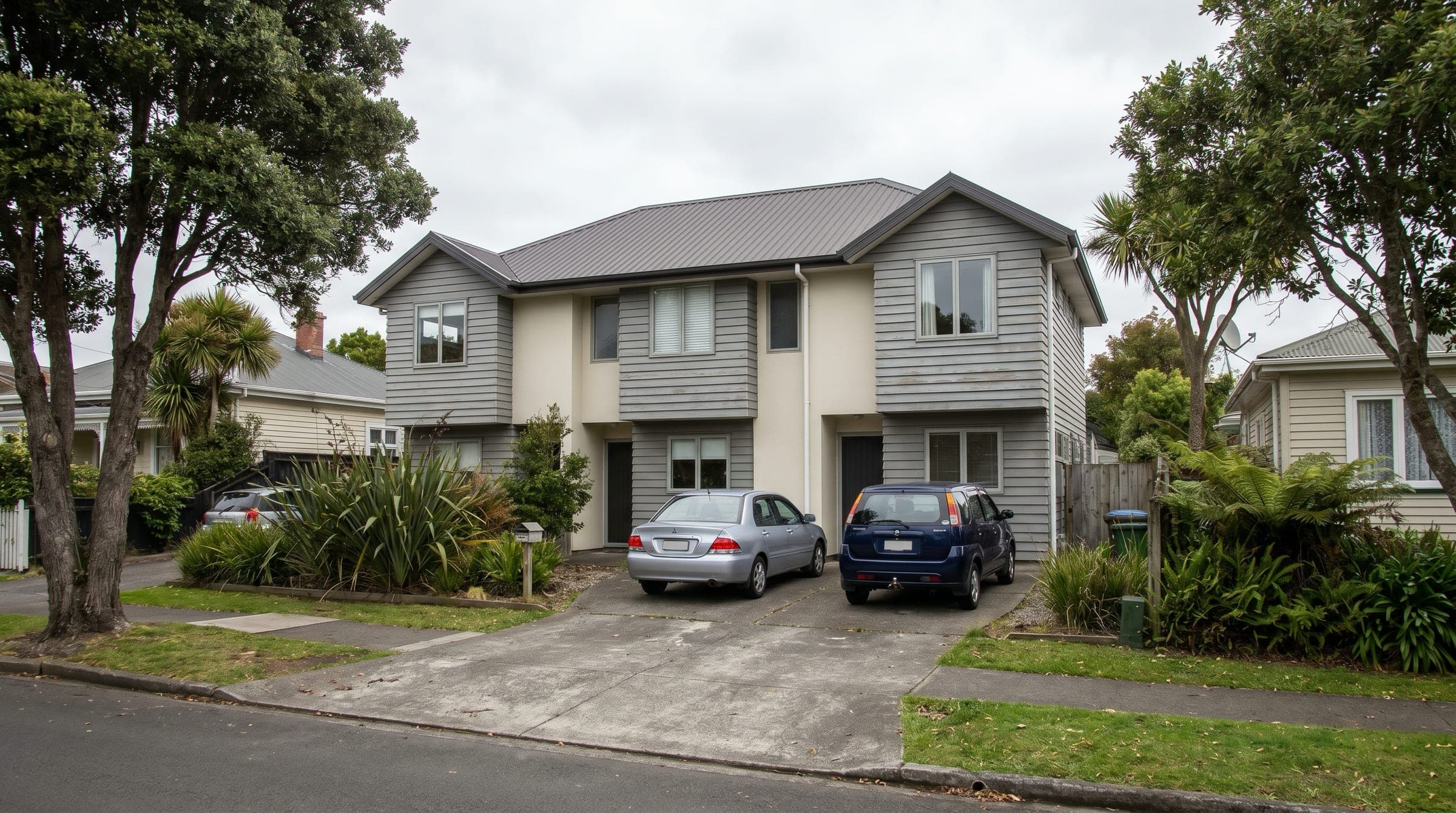 A New Zealand inner-suburb residential street with a small block of unit-title townhouses sharing a common pitched roof. No solar installed yet on the shared roof.