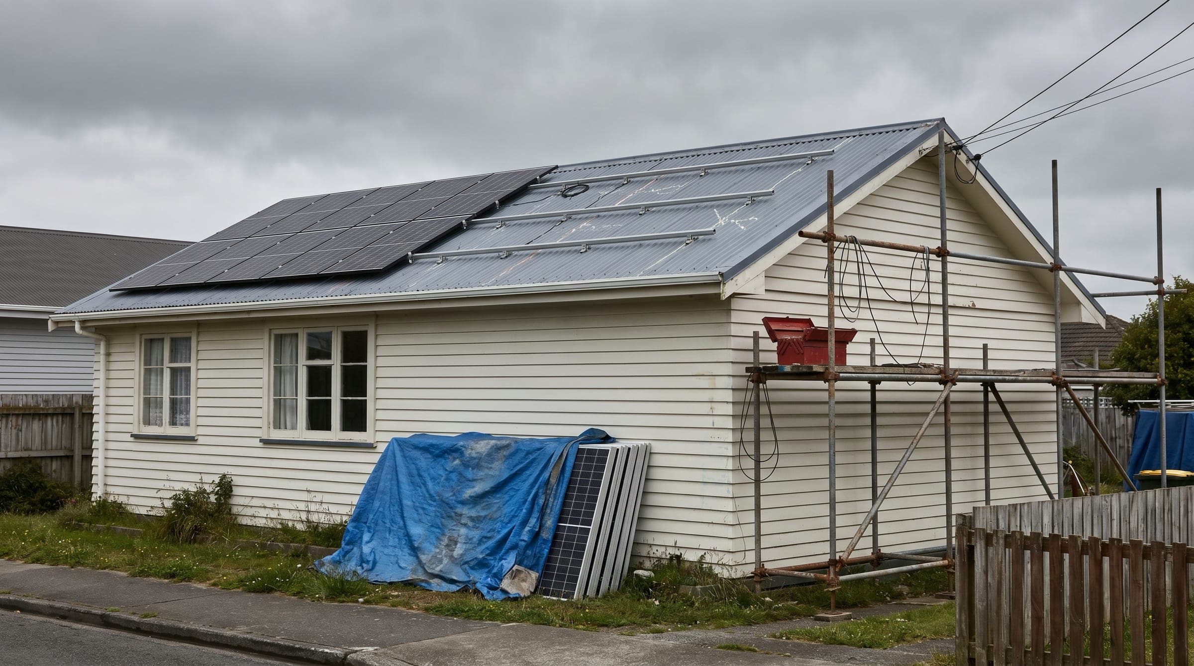A New Zealand suburban home with a half-installed solar array on the roof, unmounted panels stacked against the wall, scaffolding still erected, no workers present.