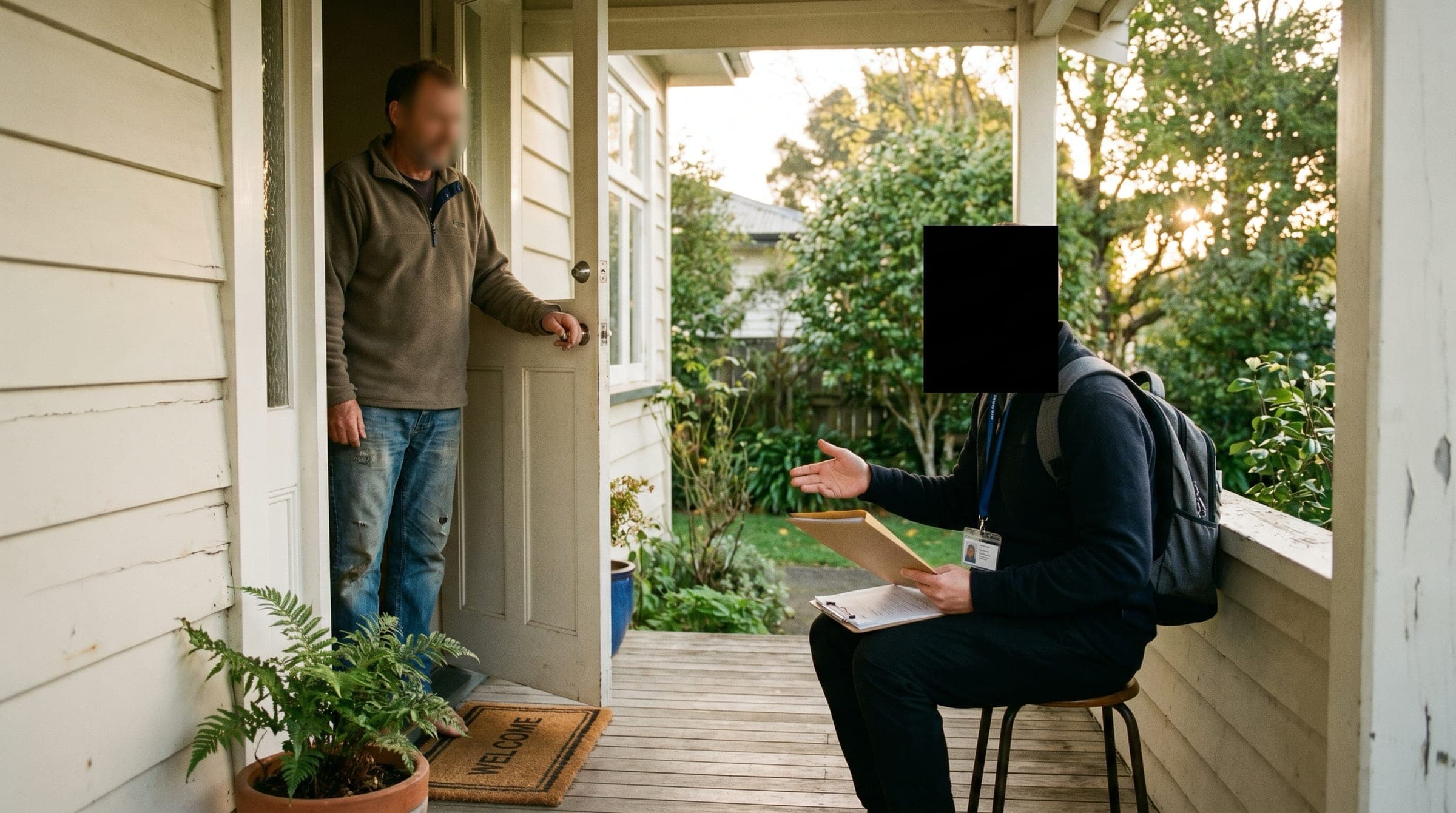 A New Zealand homeowner standing in their half-open front doorway, in the act of politely closing the door on a door-to-door salesperson holding a clipboard on the porch.