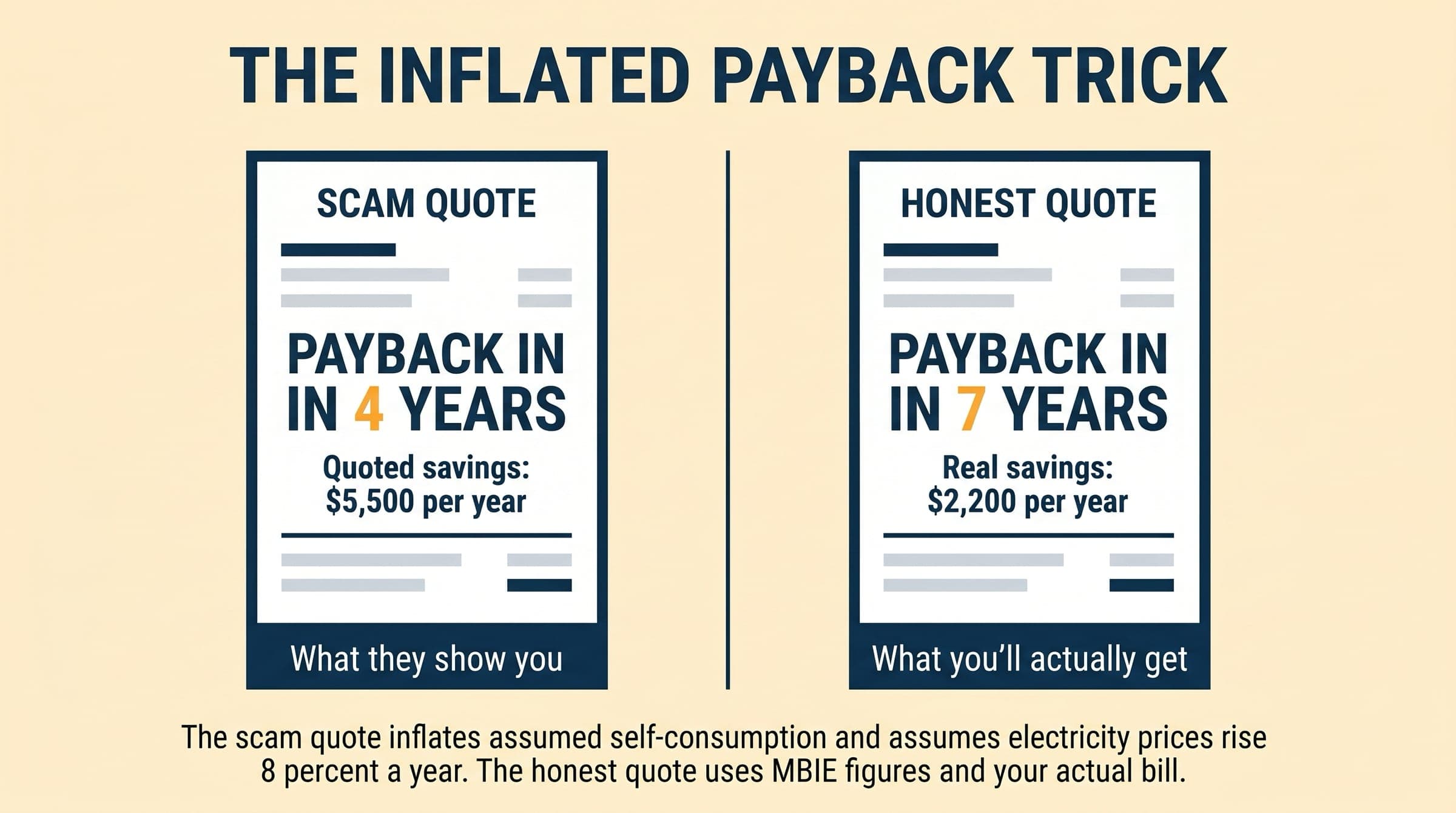 Editorial illustration of two quote documents side by side. Left labelled SCAM QUOTE with 4 YEAR payback. Right labelled HONEST QUOTE with 7 YEAR payback.