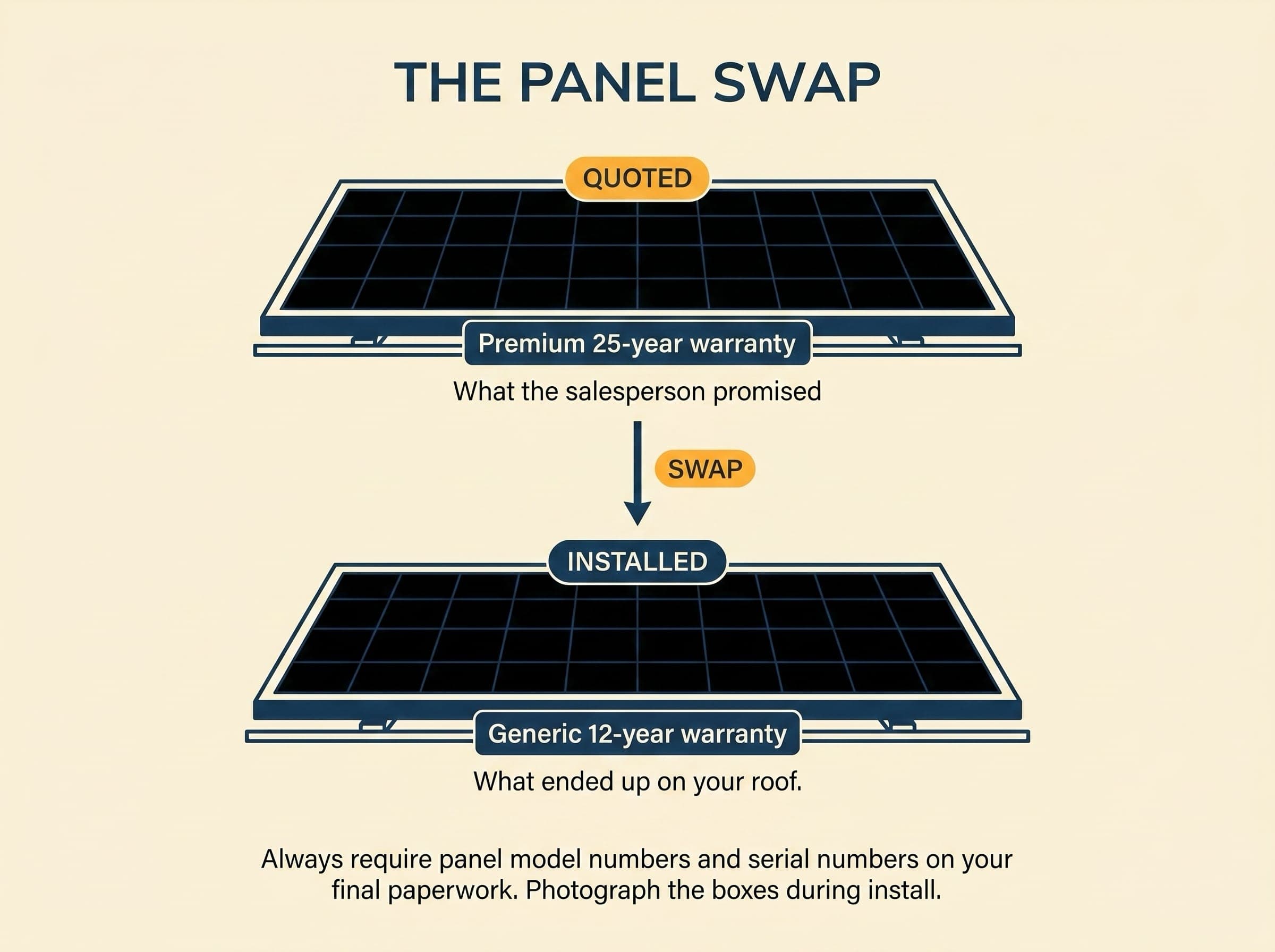 Editorial illustration of two stacked panels. Top is the quoted premium-brand 25-year-warranty panel. Bottom is the substituted generic 12-year-warranty panel that actually got installed.