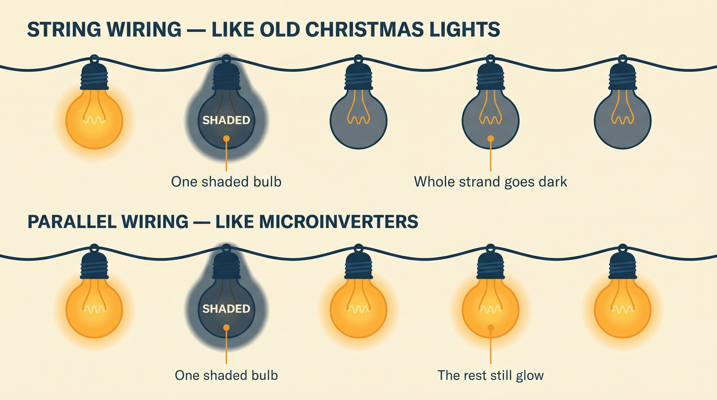 Two strands of fairy lights. The top series-wired strand has one shaded bulb and all bulbs after it go dark. The bottom parallel-wired strand has one shaded bulb but the rest still glow.