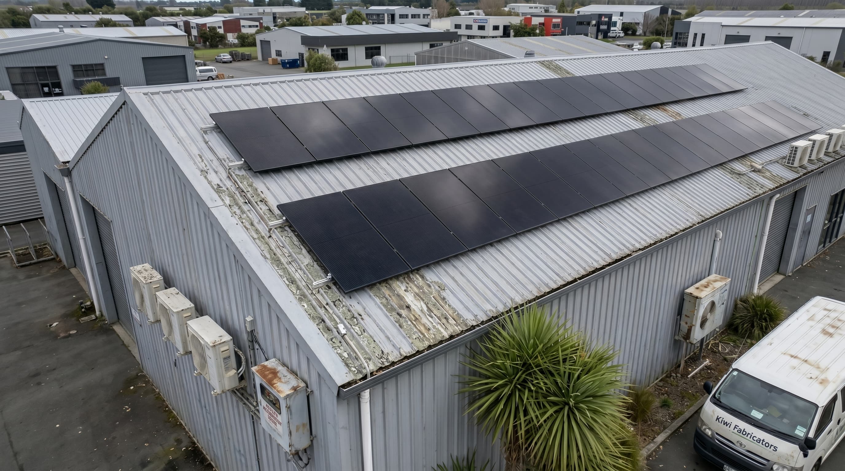 Drone view of two uniform rows of all-black monocrystalline solar panels installed across the gable corrugated steel roof of a New Zealand commercial fabrication workshop, weathered industrial estate context, cabbage tree and tradie van in the yard below