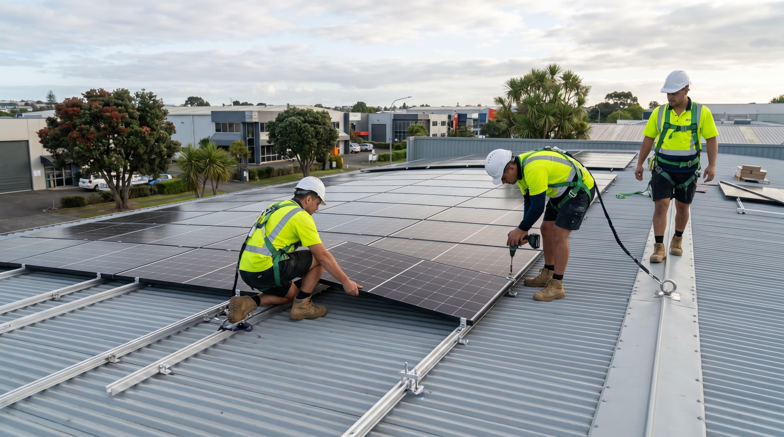 Three tradies in high-visibility vests and safety harnesses installing solar panels on the flat membrane roof of a New Zealand commercial building
