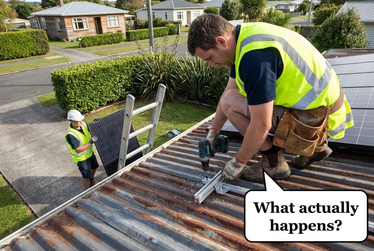 Two New Zealand solar installers on a corrugated iron roof, one drilling a mounting rail while the other carries a panel up from the driveway