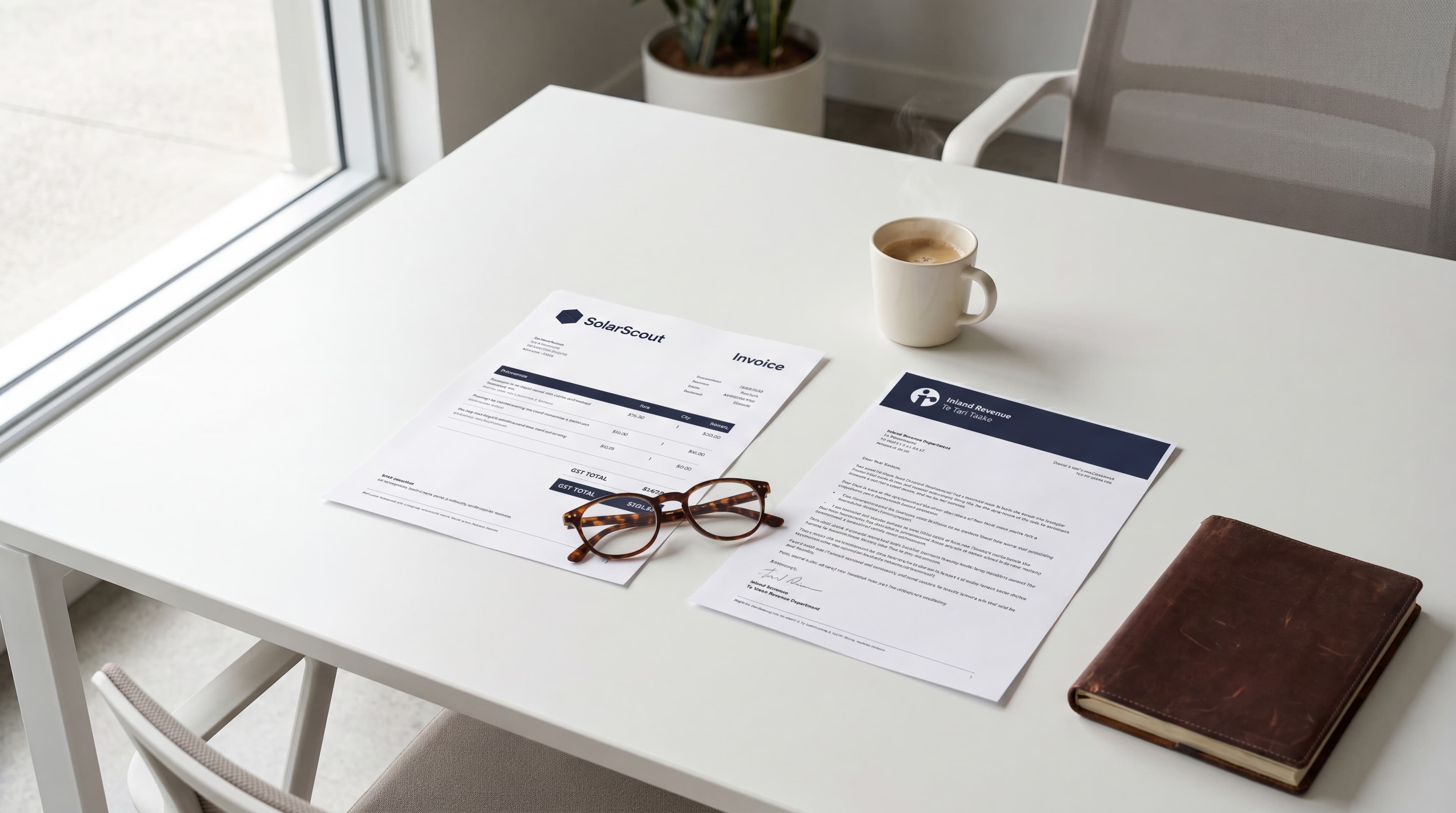 Overhead documentary photo of a Kiwi office desk with a printed solar install invoice, a grey calculator, reading glasses, a ceramic mug, a blue pen and a small stack of IRD-style NZ tax forms, photographed mid-review with no people visible
