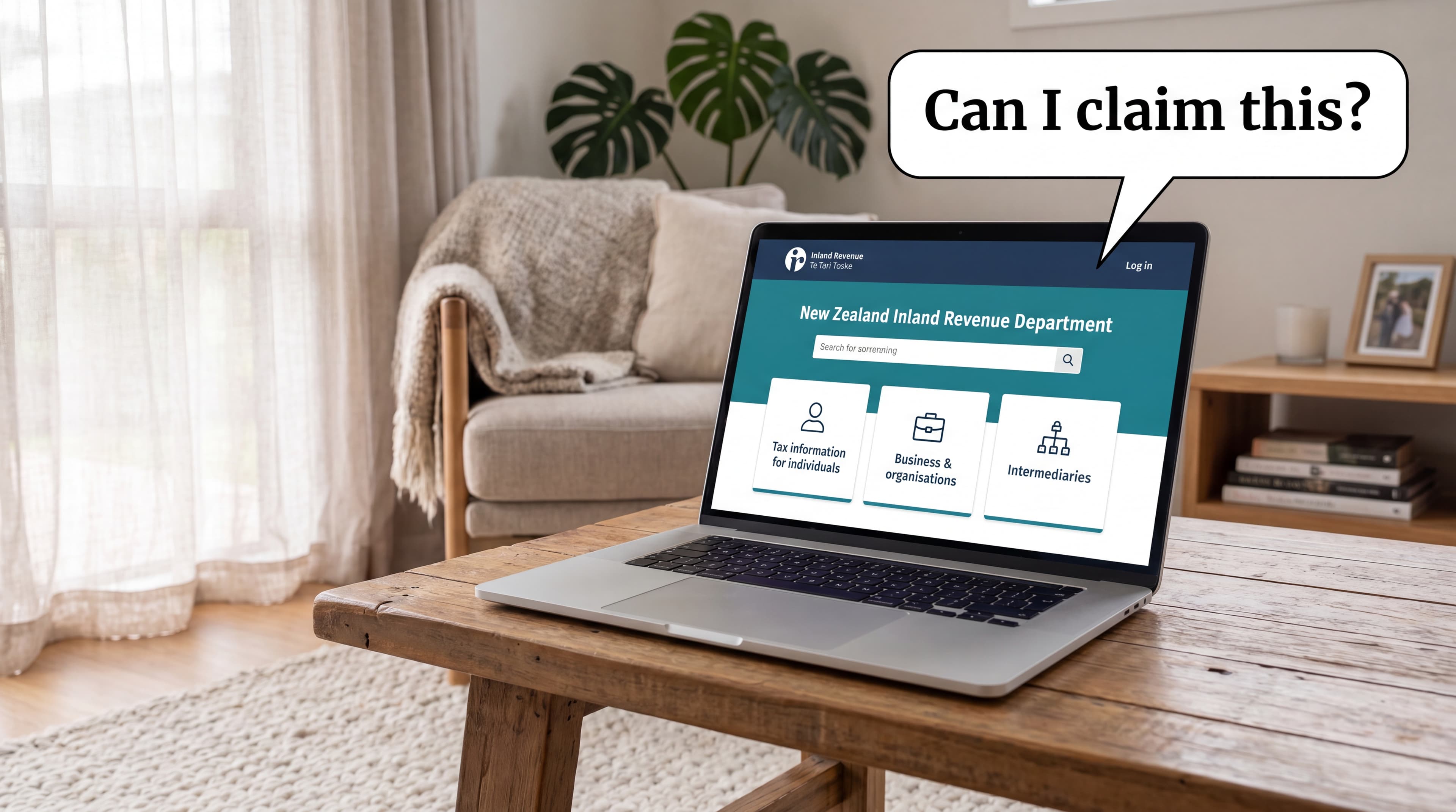A New Zealand homeowner at a kitchen table with a printed solar install invoice, calculator and laptop open to an IRD page, speech bubble asking can I claim this