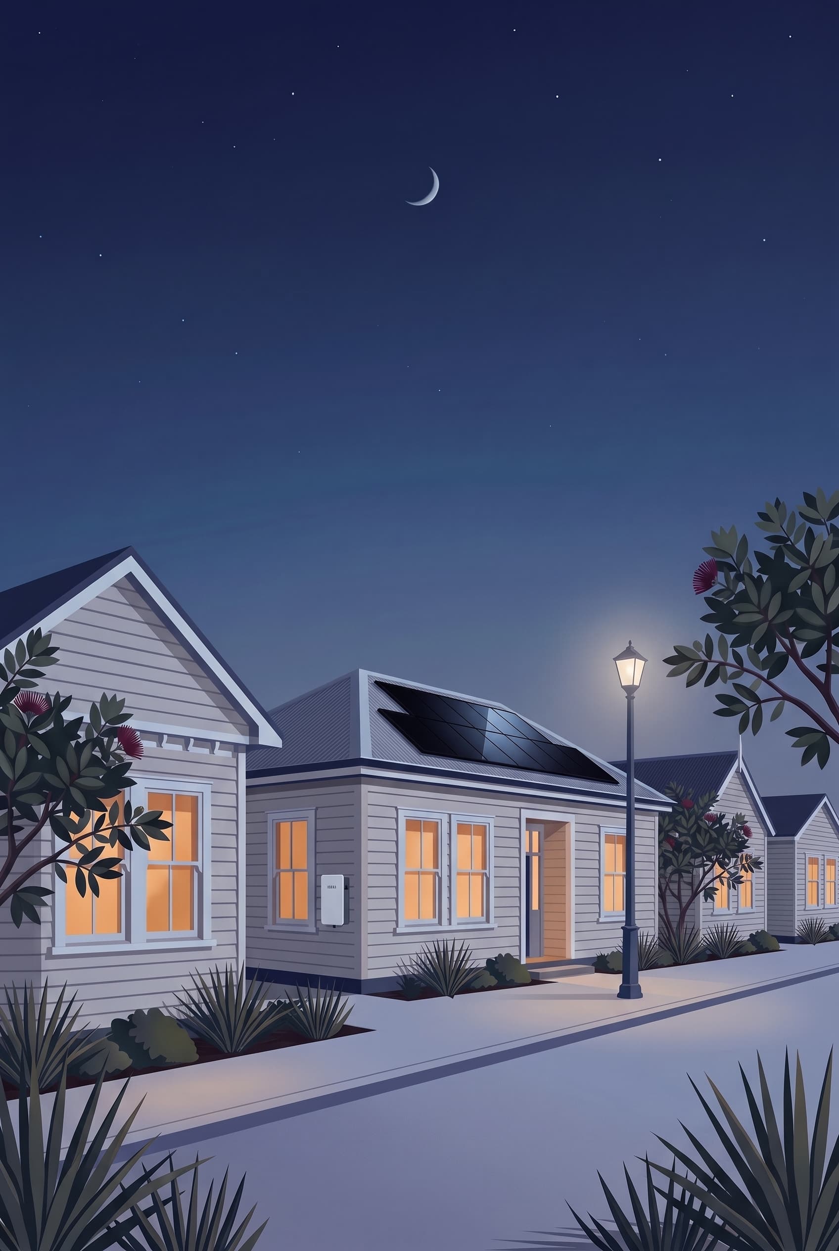 A New Zealand street at night, one home kept lit by rooftop solar and a home battery
