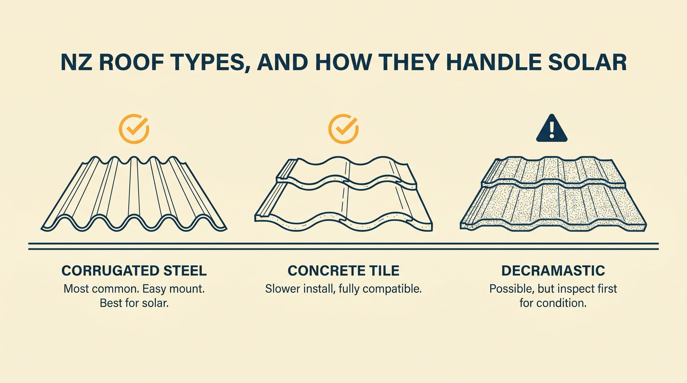 Editorial illustration of three roof-material cross-sections side by side: corrugated longrun steel with a tick, concrete tile with a tick, decramastic with a warning.