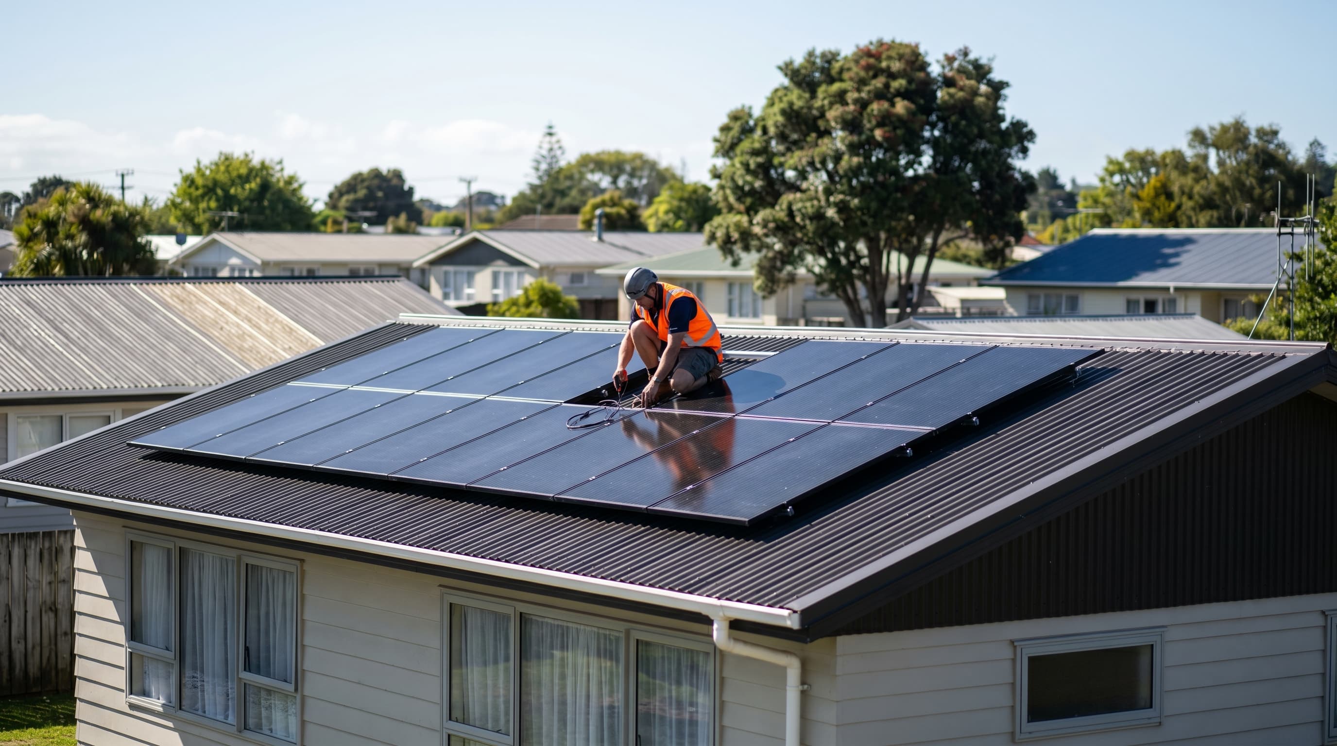 Drone shot of a New Zealand solar installer in an orange hi-vis vest working on the roof of a modest Kiwi suburban home, with a 16-panel all-black monocrystalline array installed, neighbouring suburban rooftops and mature trees visible in the background