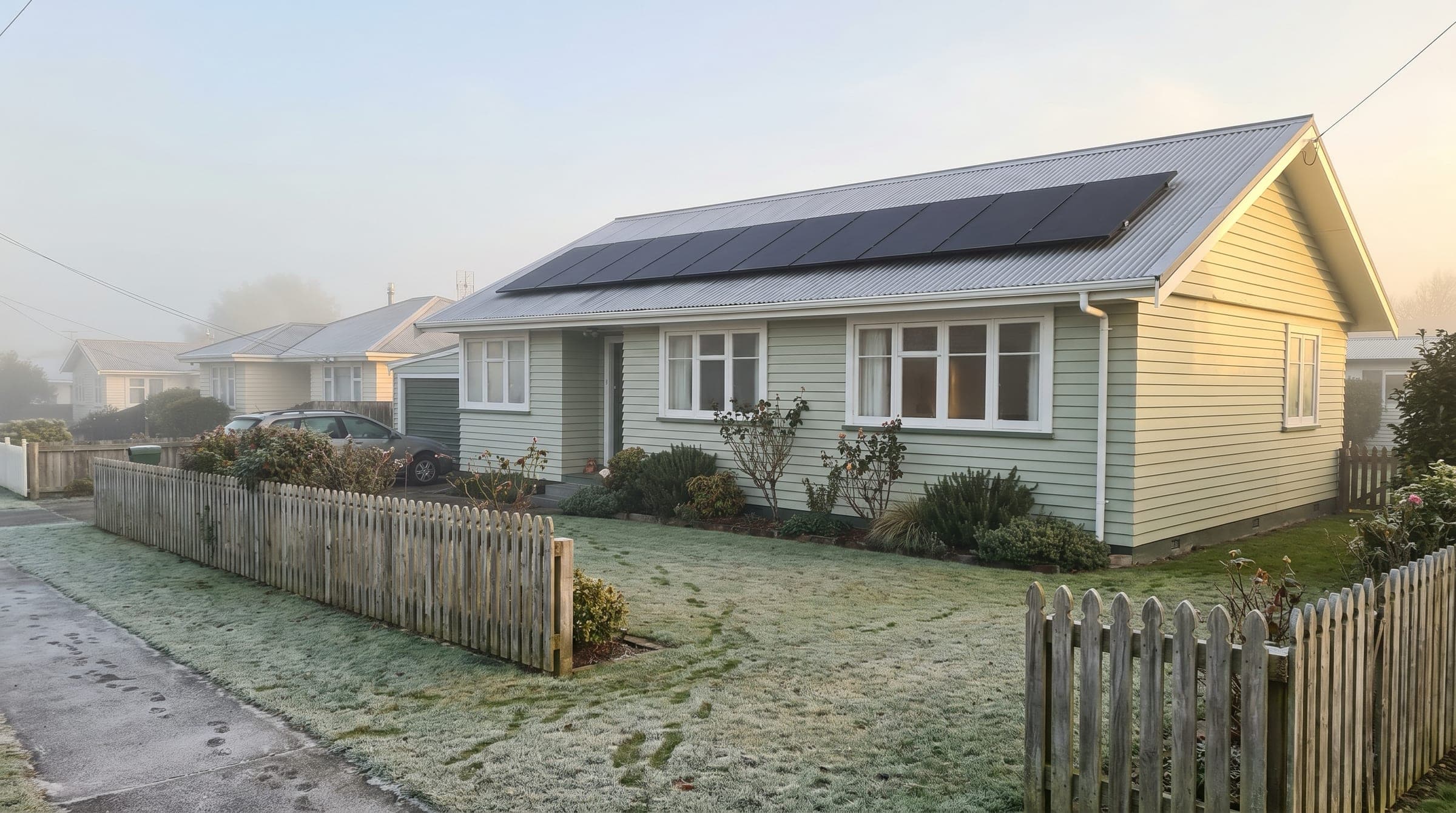 A New Zealand suburban single-storey home in early winter morning. Frost on the lawn, low golden sun, eight all-black solar panels on the pitched roof, soft fog in the far distance.
