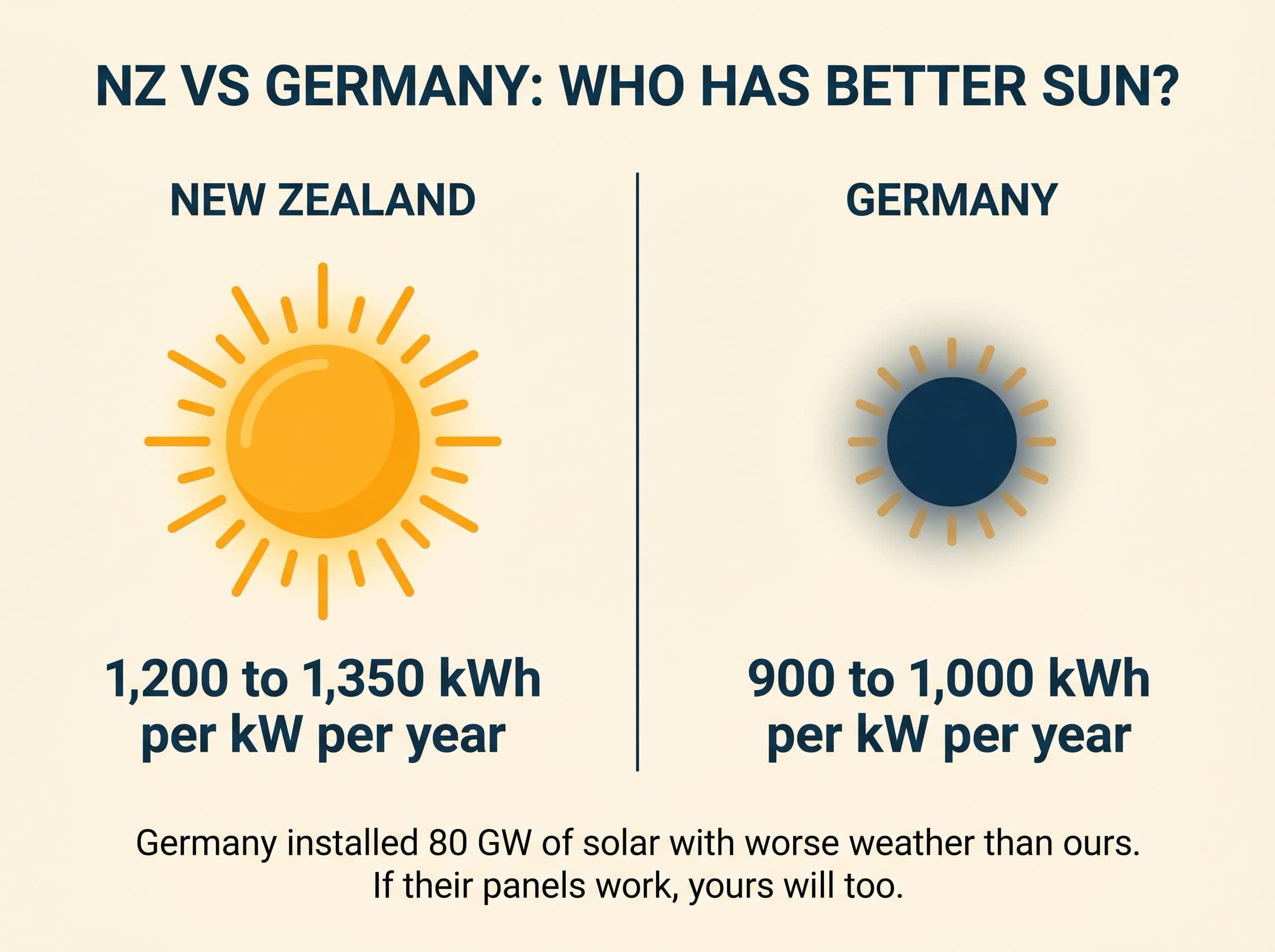Editorial graphic comparing New Zealand and Germany. NZ shows 1,200 to 1,350 kWh per kW per year, Germany shows 900 to 1,000.