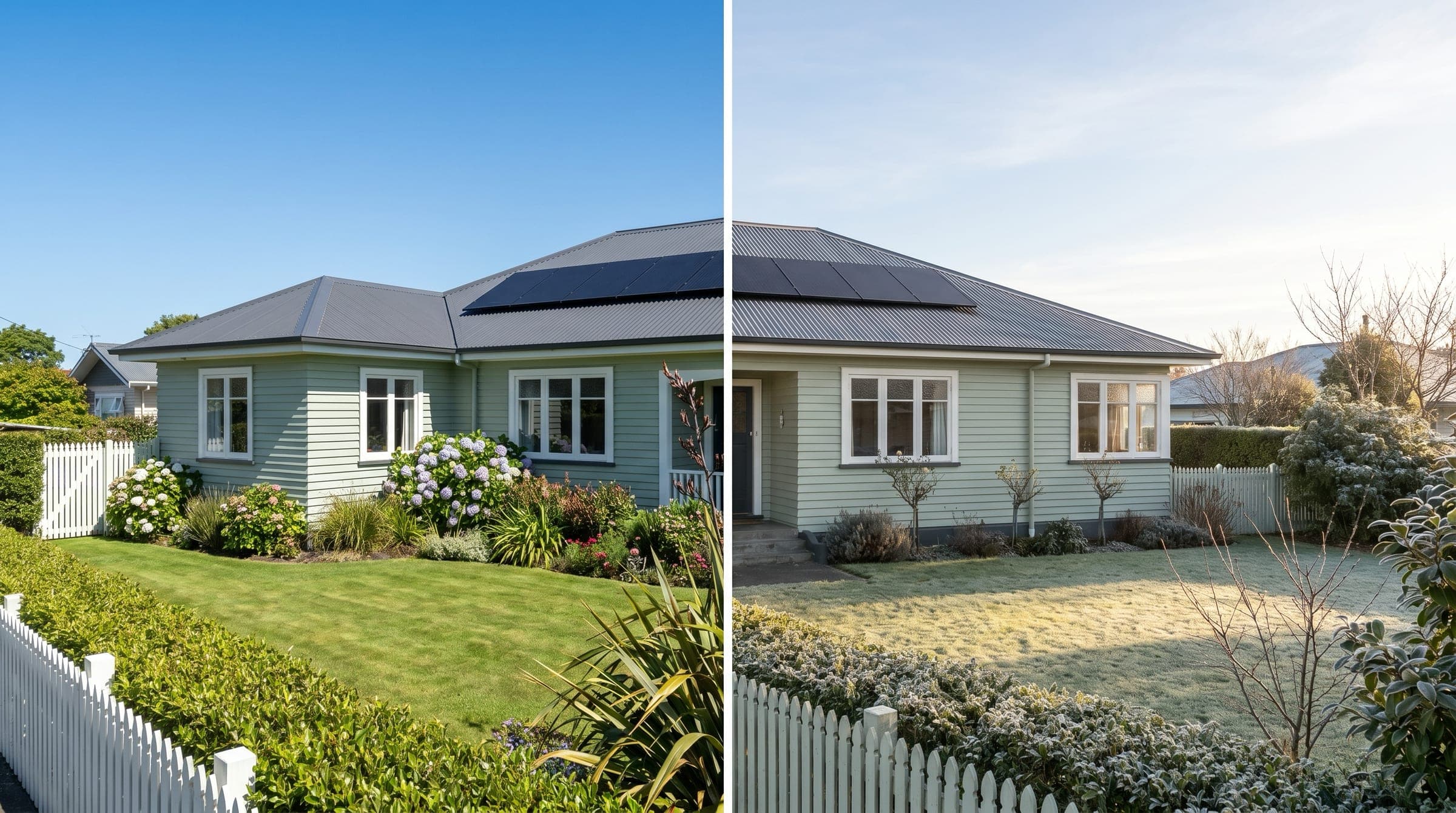 Split-frame photograph of the same New Zealand home shown in summer on the left with high overhead sun and green lawn, versus winter on the right with low golden light and frost on the lawn.