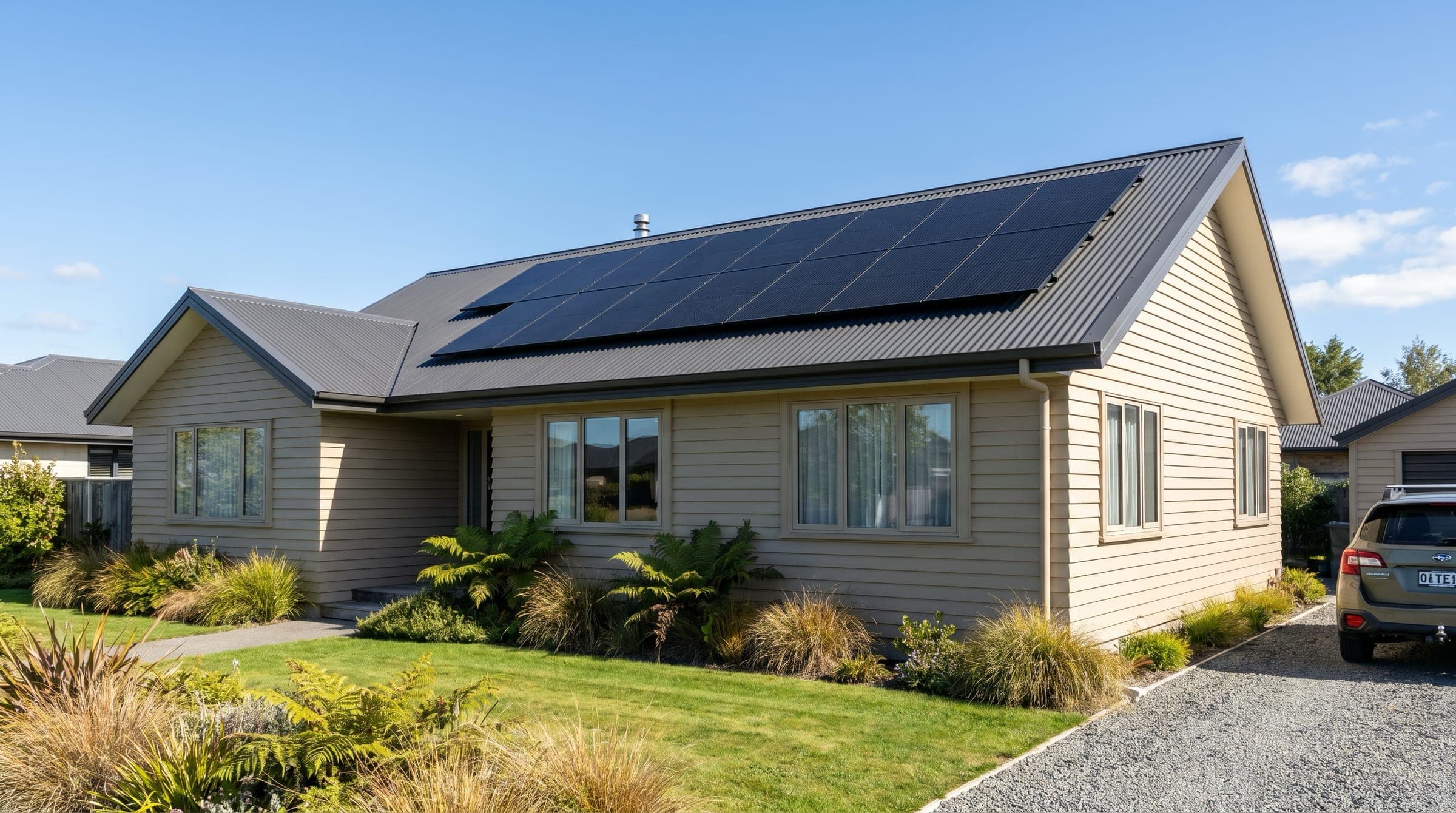 A single-storey New Zealand home with a clean north-facing array of all-black solar panels on the pitched metal roof, no shading, clear blue sky