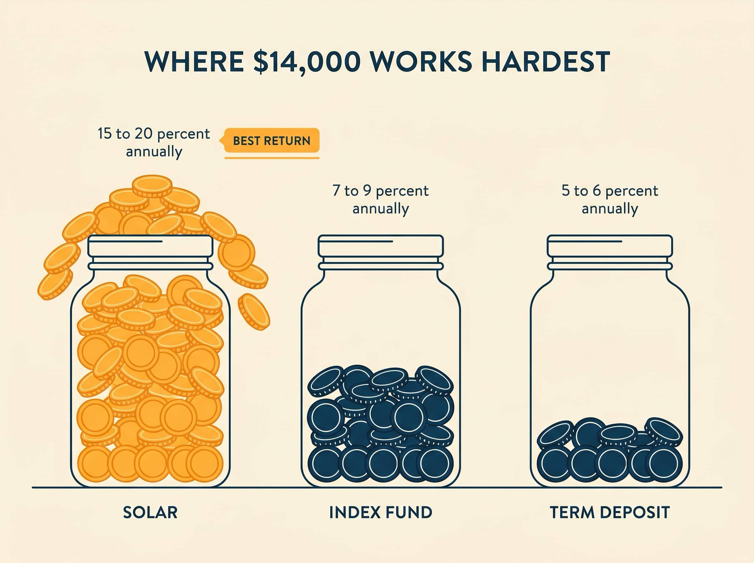 Editorial illustration of three jars representing where to invest $14,000. The solar jar overflows with amber coins, the index fund jar is half full of navy coins, the term deposit jar is the lowest