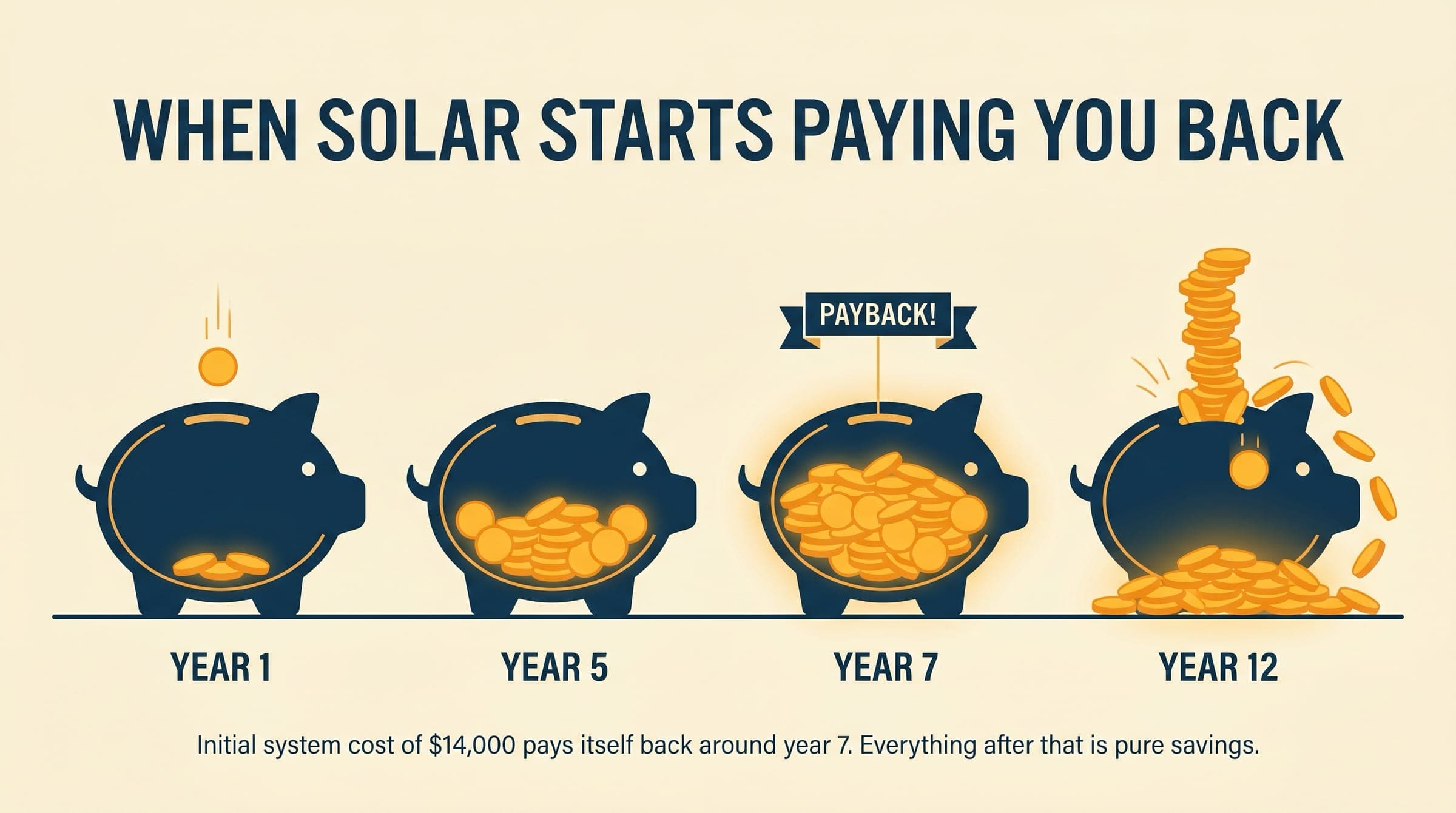 Editorial illustration showing four piggy banks at years 1, 5, 7 and 12. The year 7 piggy bank is brimming and marked PAYBACK, the year 12 piggy bank is overflowing with coins
