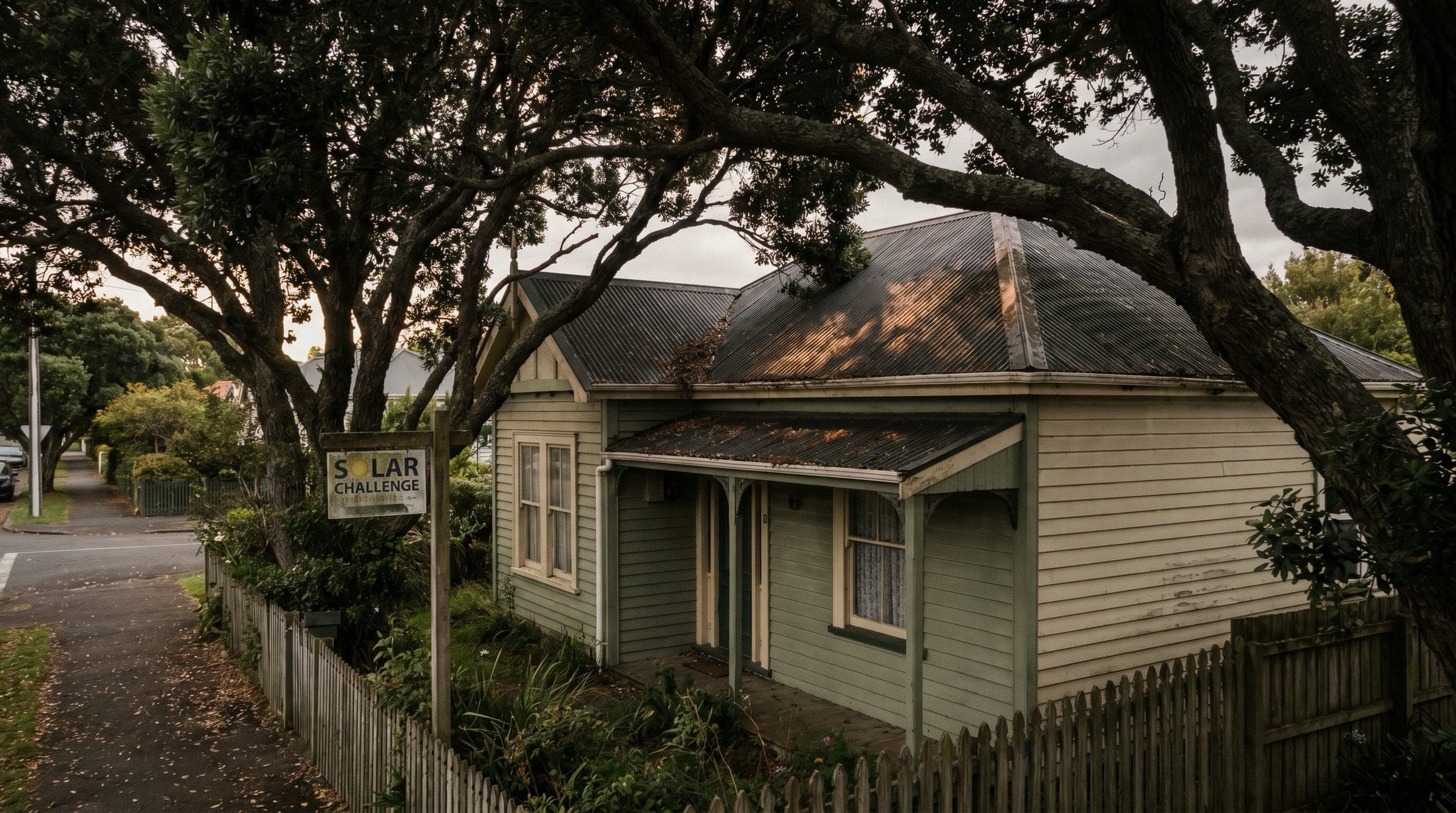 A New Zealand suburban home with the main roof heavily shaded by overhanging mature trees, no solar panels installed