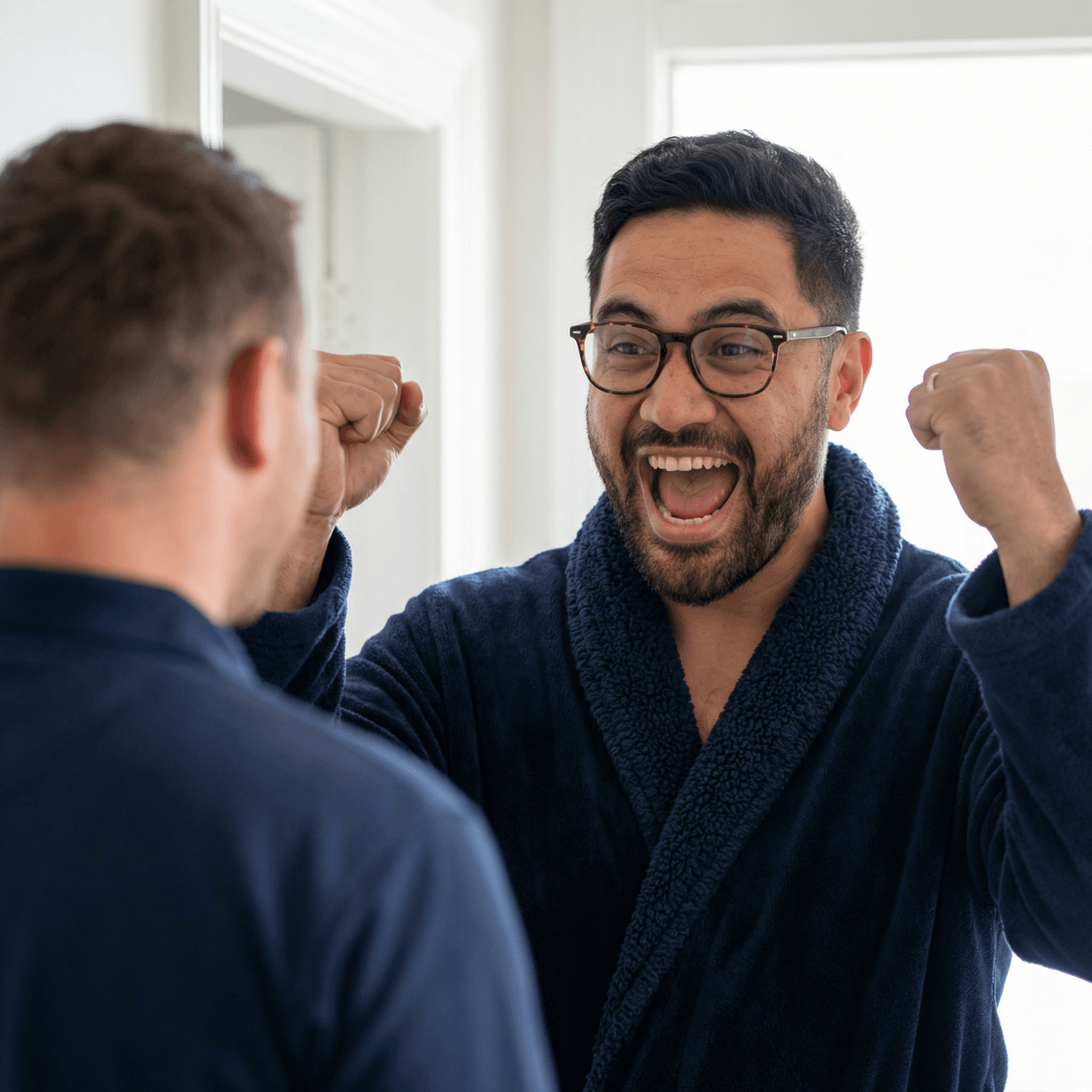 Homeowner celebrating with solar installer at front door