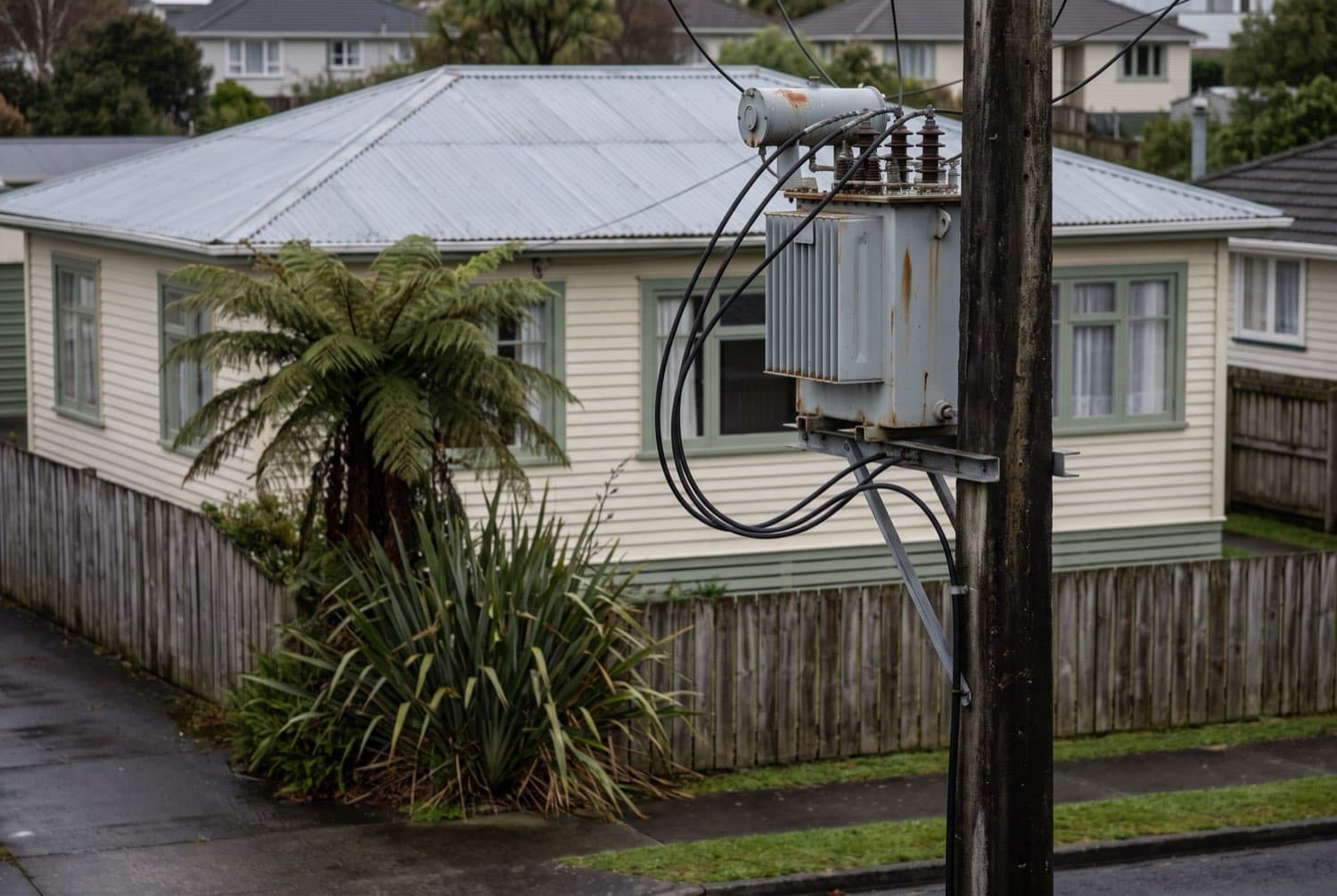 A lines-company pole-top transformer on a timber power pole, service wires running down to a weatherboard house on a New Zealand suburban street