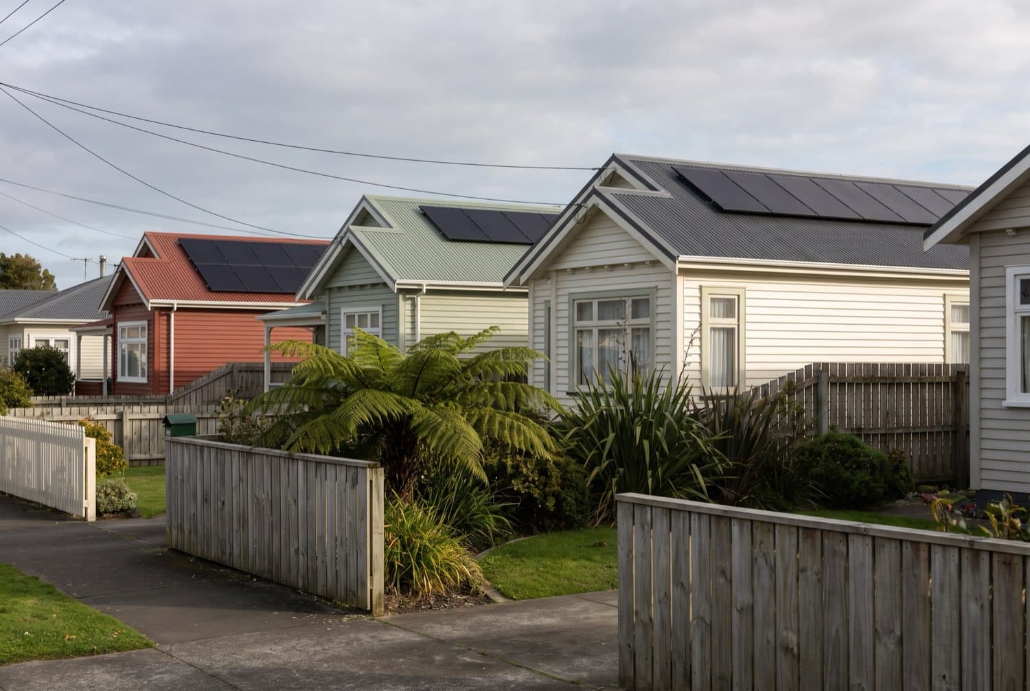 A New Zealand suburban street of single-storey weatherboard homes, several with all-black rooftop solar arrays on corrugated steel roofs